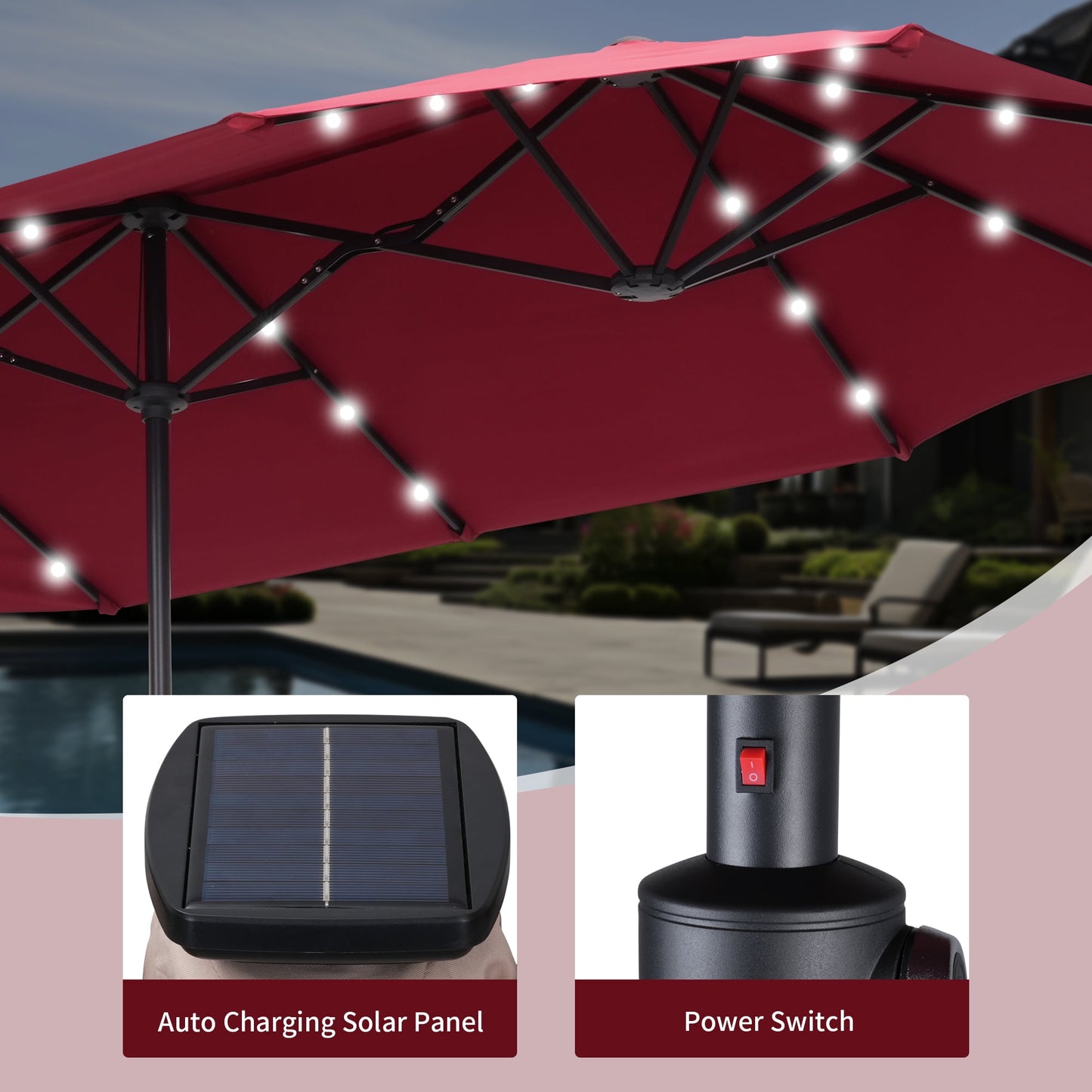 Autlaycil 13ft Patio Solar Umbrella LED Patio Market with Crank Outdoor and Umbrella Base, Red