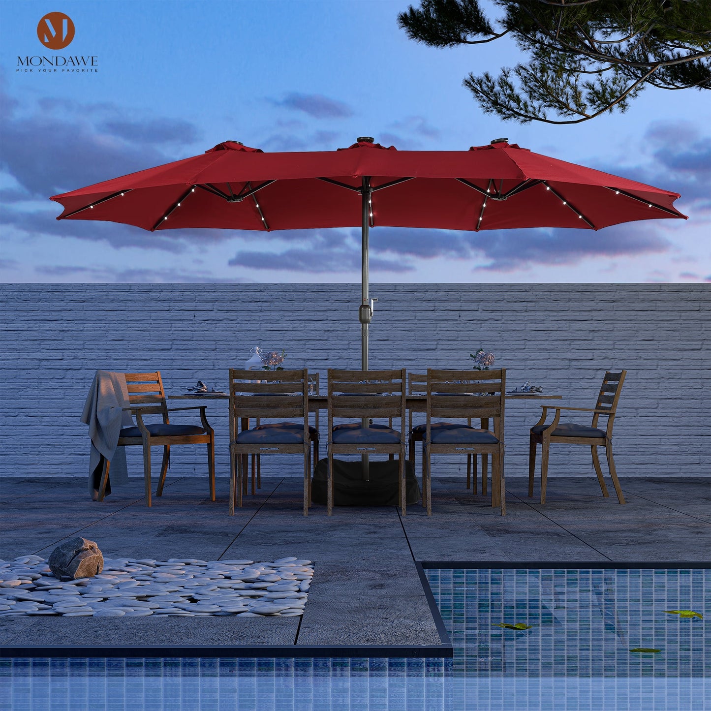 15ft Large Patio Umbrella with Solar Lights, Double-Sided Outdoor Market Rectangle Beach Umbrellas with 36 LED Lights, Umbrella Base (Stand) Included