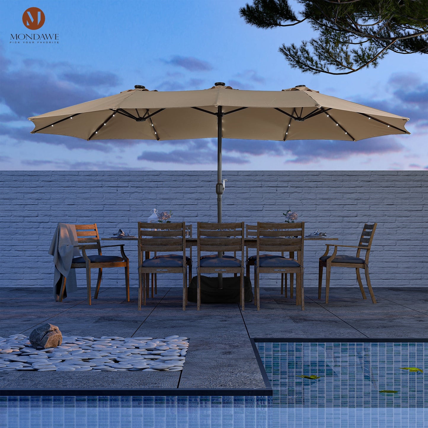 15ft Large Patio Umbrella with Solar Lights, Double-Sided Outdoor Market Rectangle Beach Umbrellas with 36 LED Lights, Umbrella Base (Stand) Included
