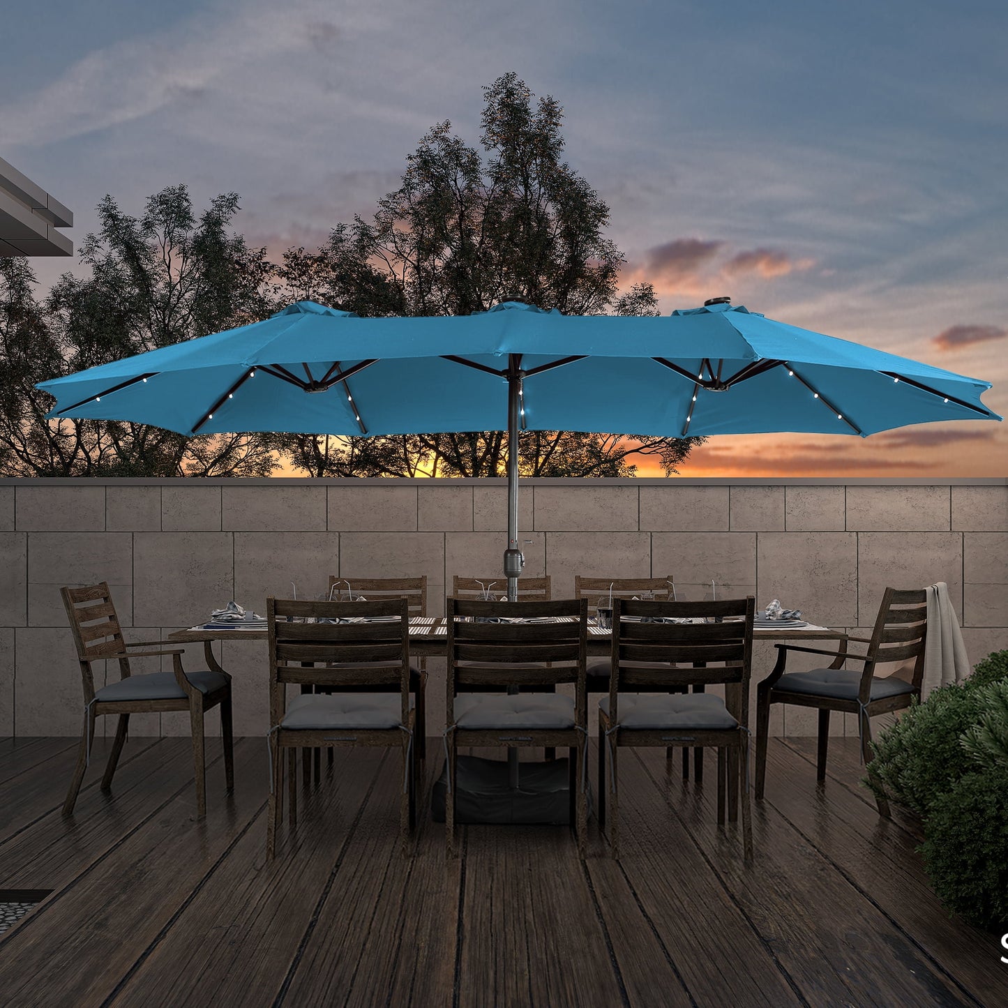 15ft Large Patio Umbrella with Solar Lights, Double-Sided Outdoor Market Rectangle Beach Umbrellas with 36 LED Lights, Umbrella Base (Stand) Included