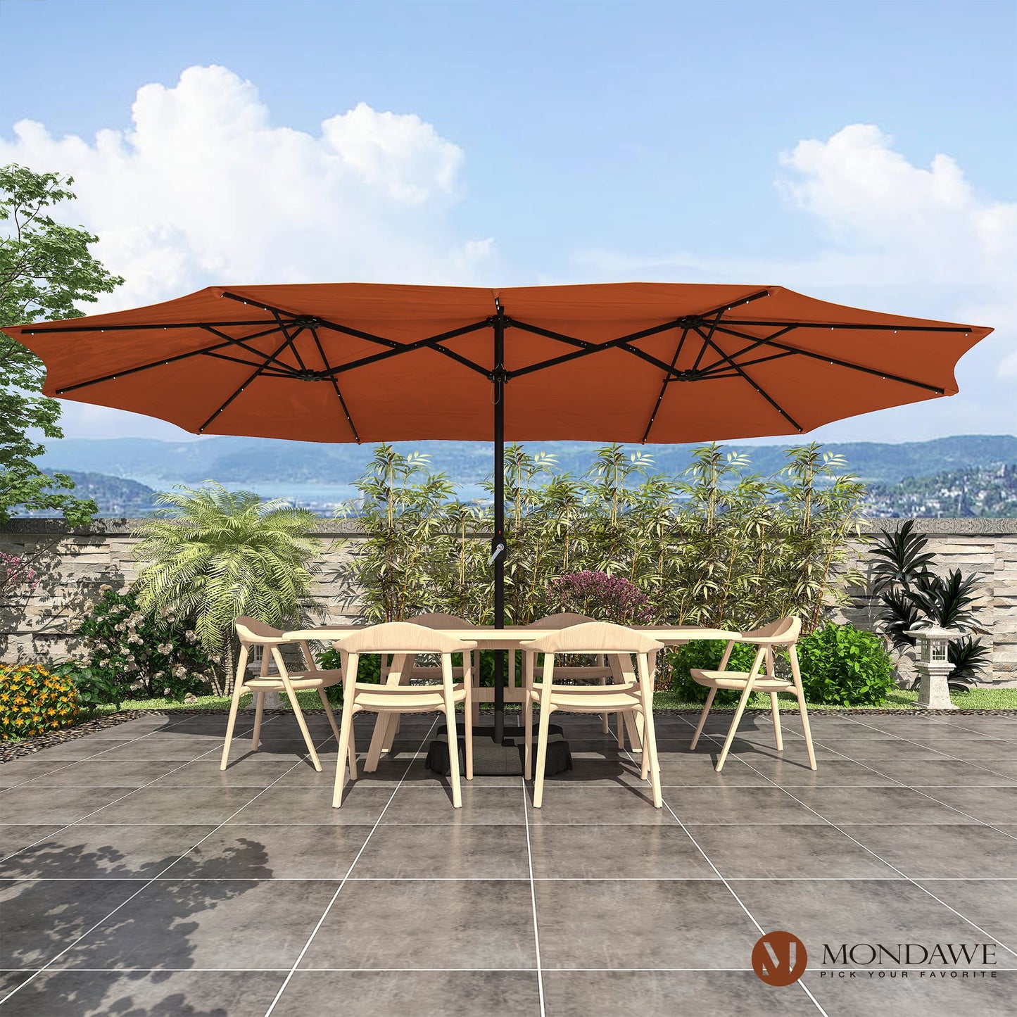 15ft Large Patio Umbrella with Solar Lights, Double-Sided Outdoor Market Rectangle Beach Umbrellas with 36 LED Lights, Umbrella Base (Stand) Included
