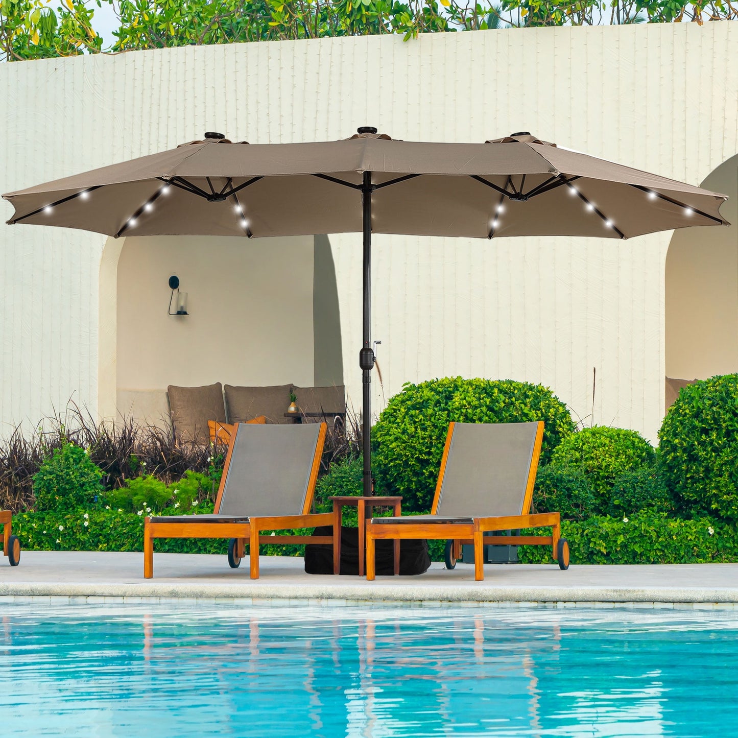 15ft Large Patio Umbrella with Solar Lights, Double-Sided Outdoor Market Rectangle Beach Umbrellas with 36 LED Lights, Umbrella Base (Stand) Included