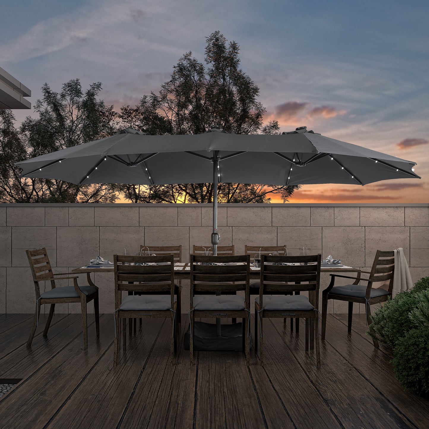 15ft Large Patio Umbrella with Solar Lights, Double-Sided Outdoor Market Rectangle Beach Umbrellas with 36 LED Lights, Umbrella Base (Stand) Included