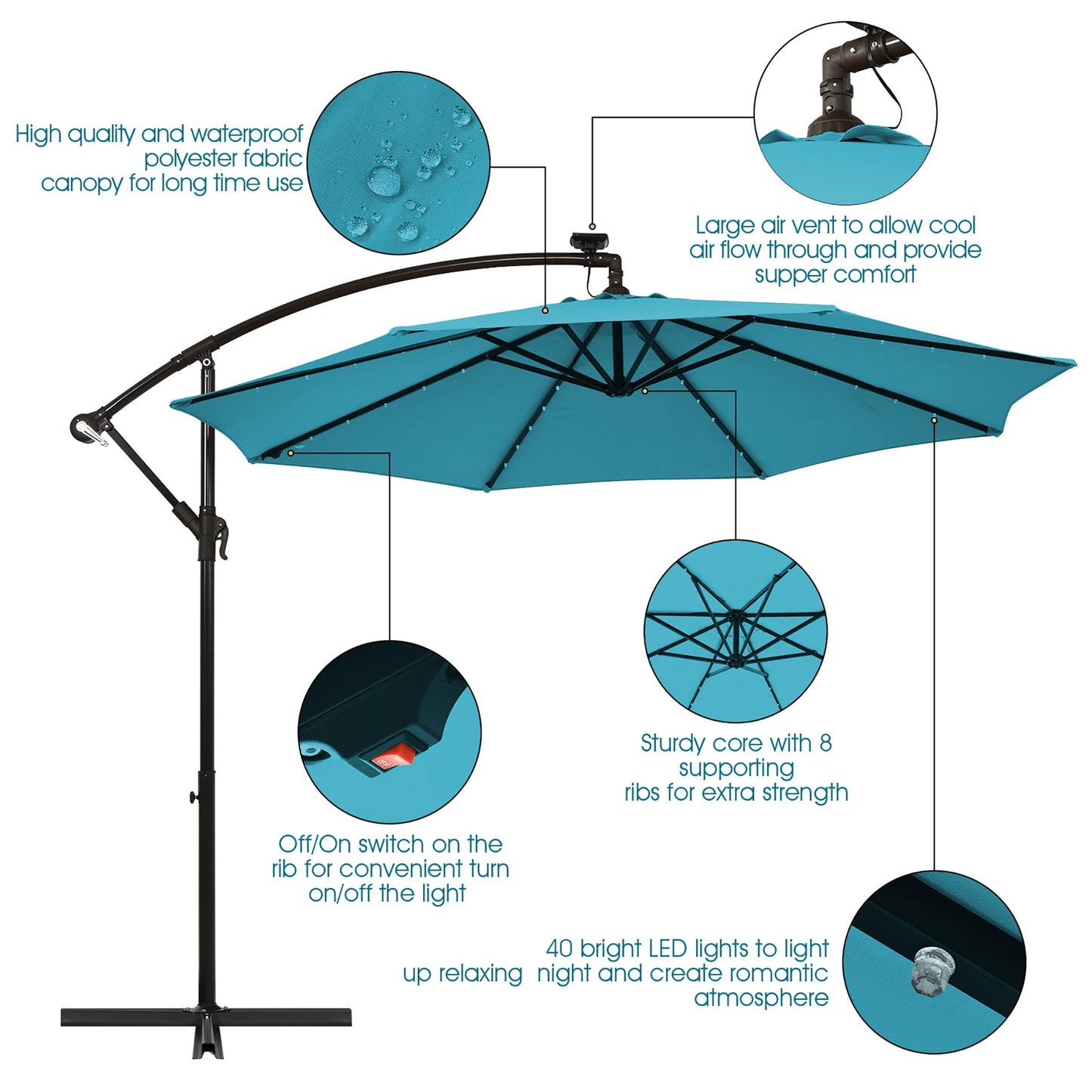 Costway 10 Ft Patio Solar LED Offset Umbrella 40 Lights Crank Base Turquoise