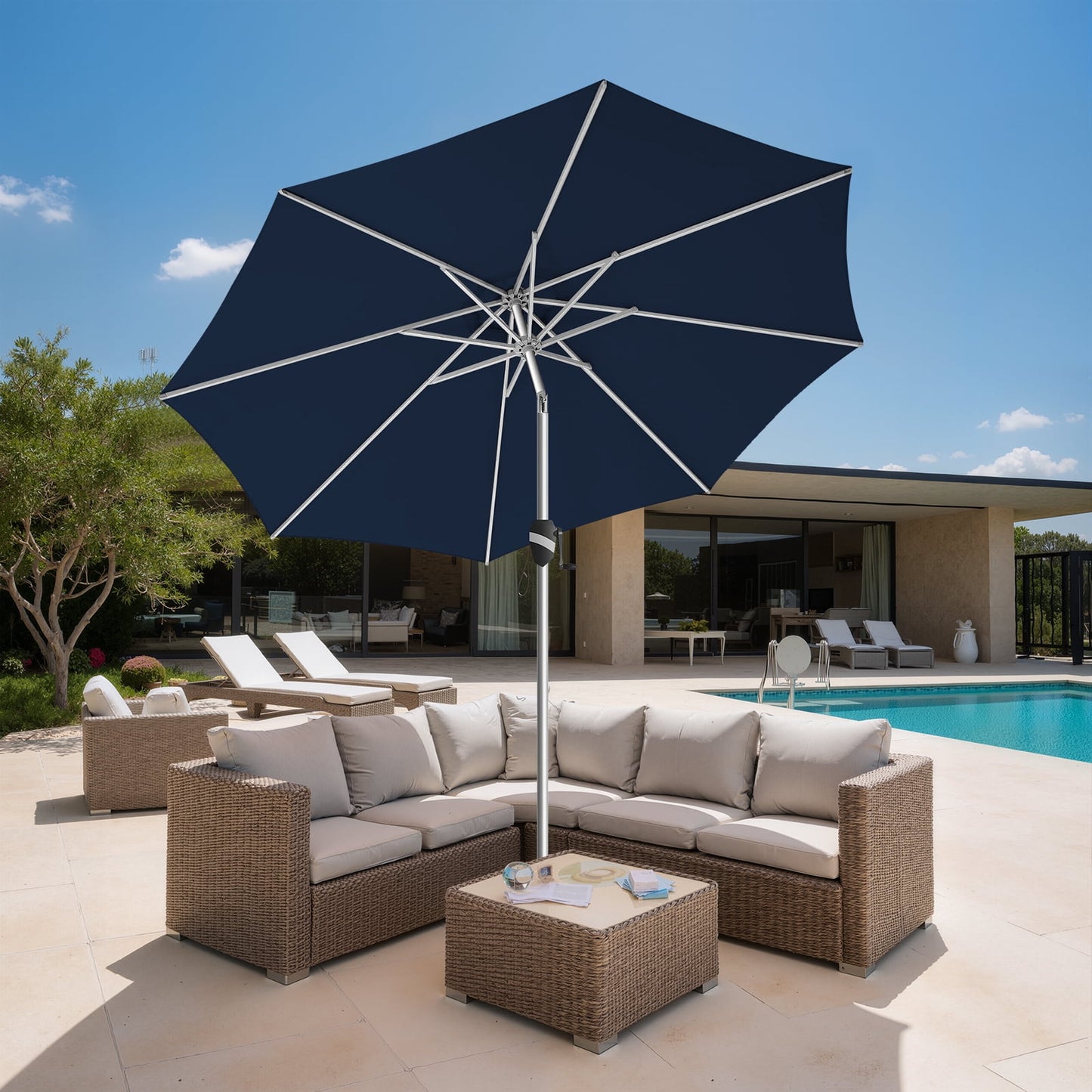 Patio Umbrella, 9 FT Outdoor Umbrellas Waterproof for Pool Table Deck Porch Yard Garden, Market Umbrella with 8 Sturdy Ribs, Push Button Tilt and Crank