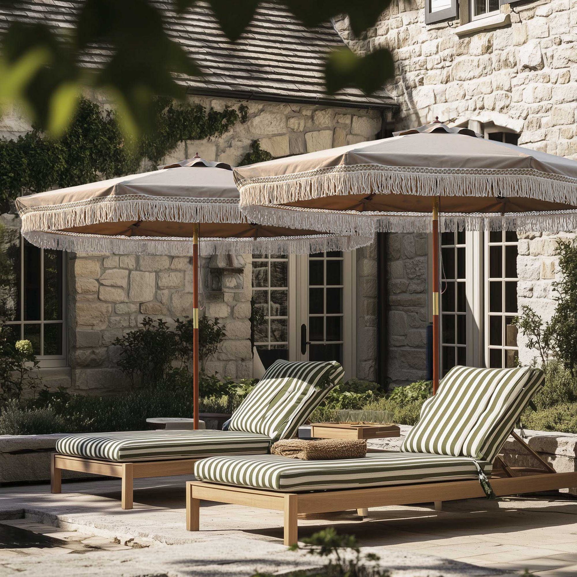 LAGarden BOHO 9' Fringe Patio Umbrella with Tassels UPF50+ Boho Style 5-Year-Non-Fading for Outdoor Yard Market Mocha Meander