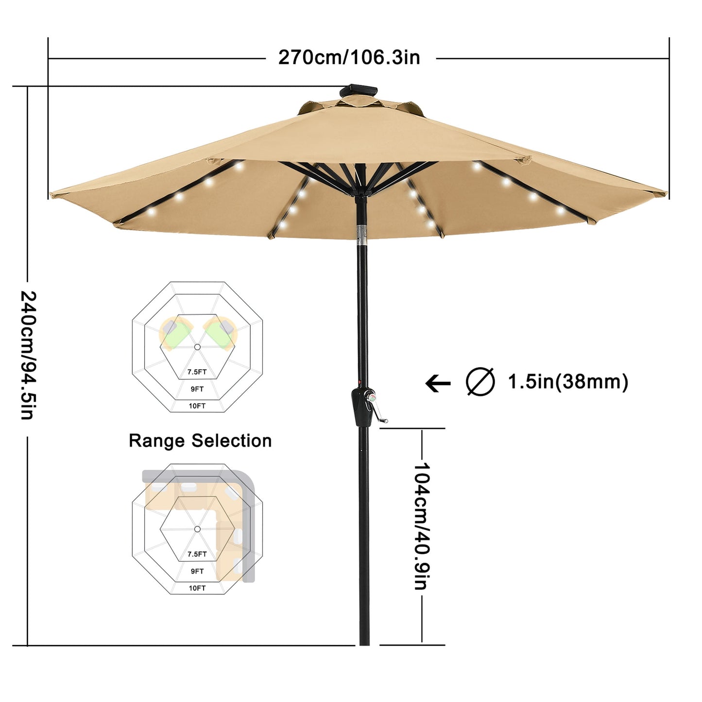 MASTERCANOPY 9ft Solar Patio Umbrella with 32 LED Lights Easy Tilt and Crank 8 Ribs, Khaki