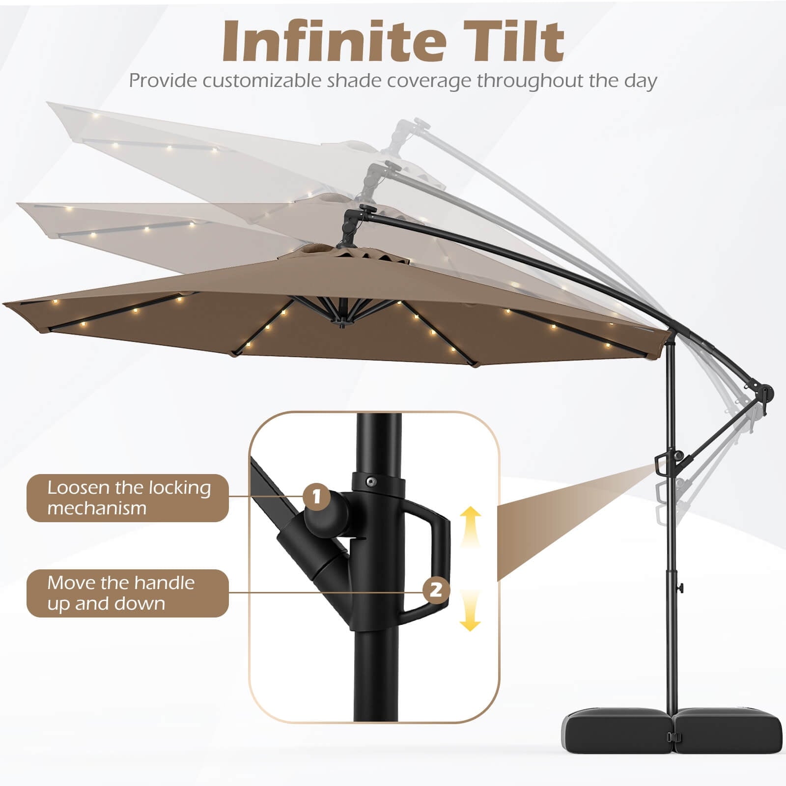 Costway 10 FT Solar Offset Hanging Umbrella Patio Cantilever Umbrella with 32 LED Lights Brown