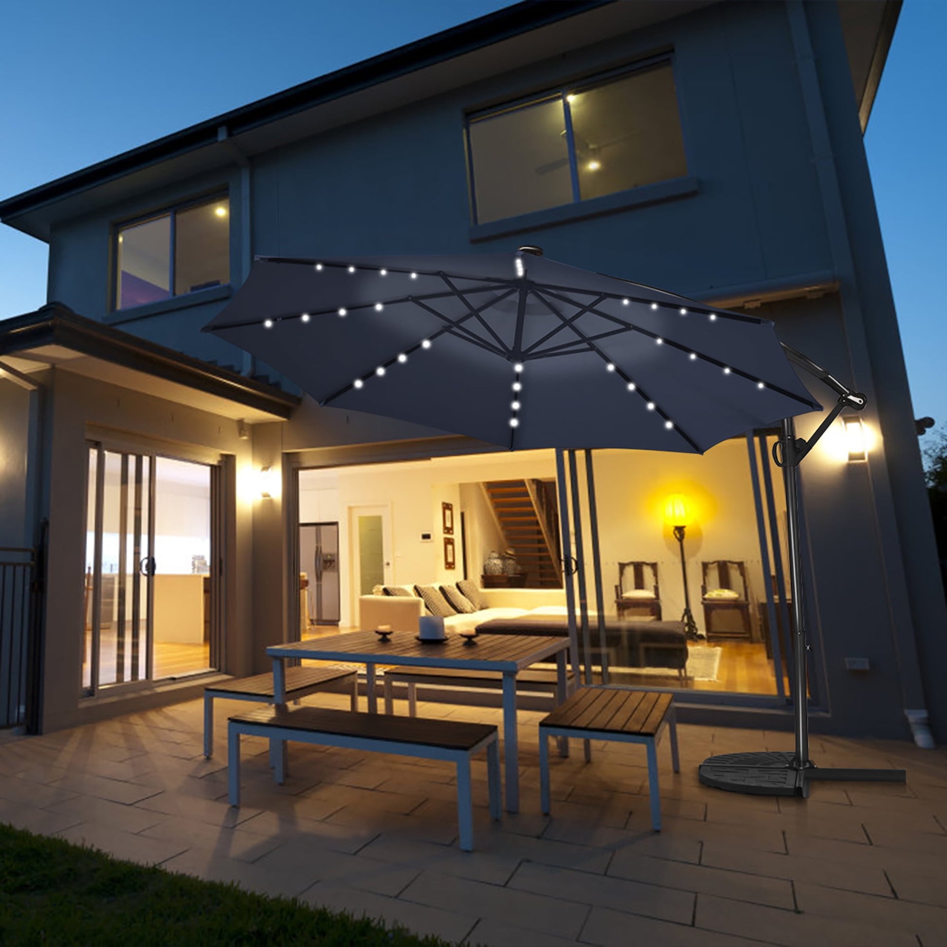 Costway 10FT Patio Offset Umbrella Solar Powered LED 360Degree Rotation Aluminum Navy
