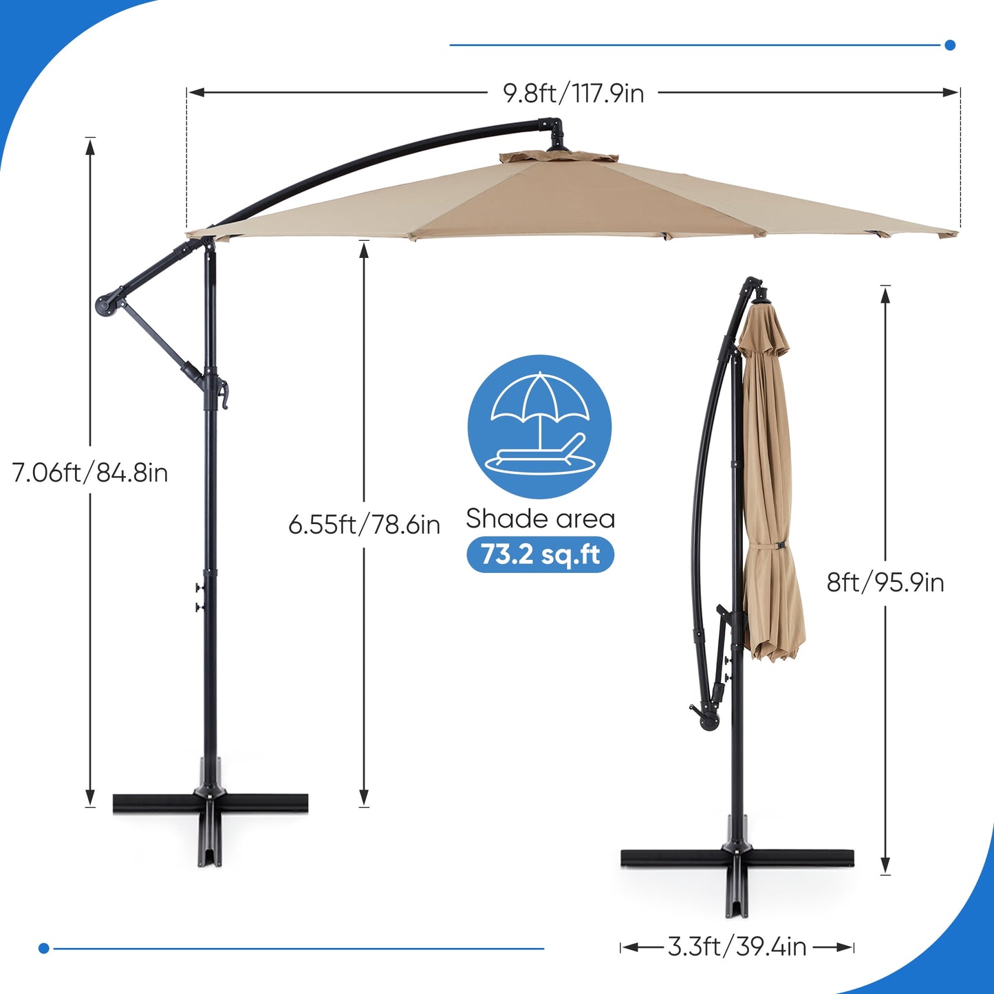 edx 10FT Offset Hanging Patio Umbrella Outdoor with Push Button Tilt & Self-Locking, Polyester Shade, 8 Sturdy Ribs, Khaki