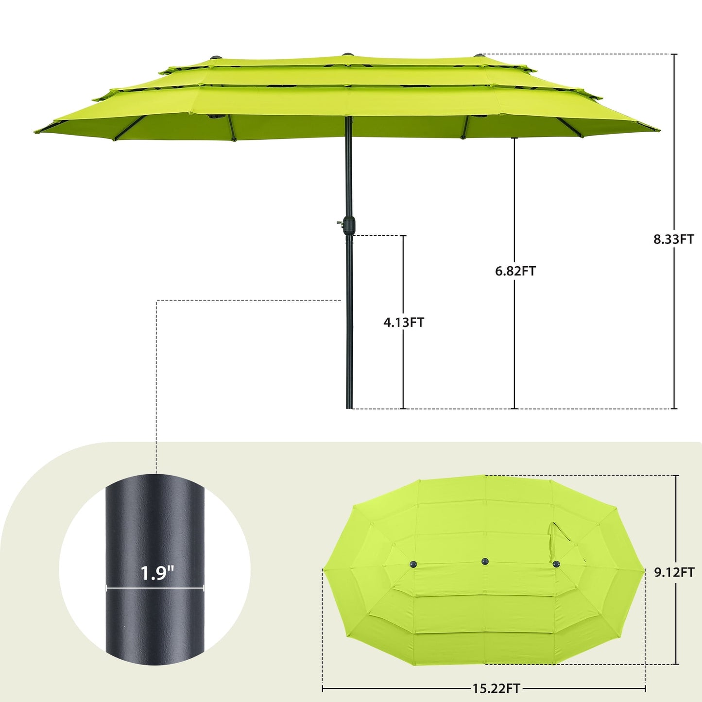 Ainfox 15ft Large Patio Umbrella, 3-Tiers Outdoor Double-Sided Rectangle Market Heavy Duty Umbrellas, Grass Green