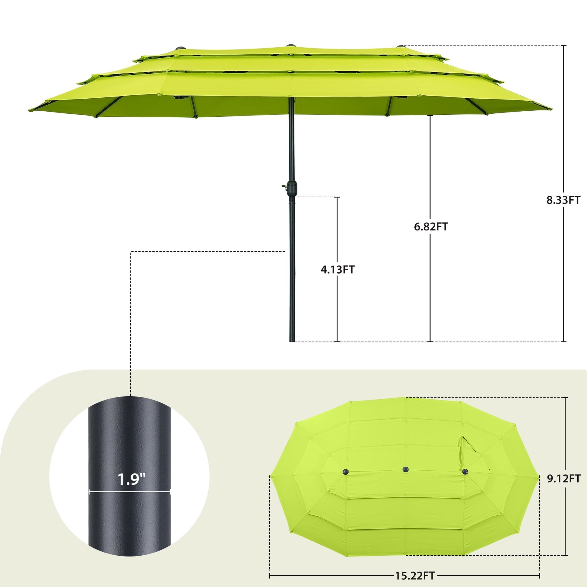 Ainfox 15ft Large Patio Umbrella, 3-Tiers Outdoor Double-Sided Rectangle Market Heavy Duty Umbrellas, Grass Green