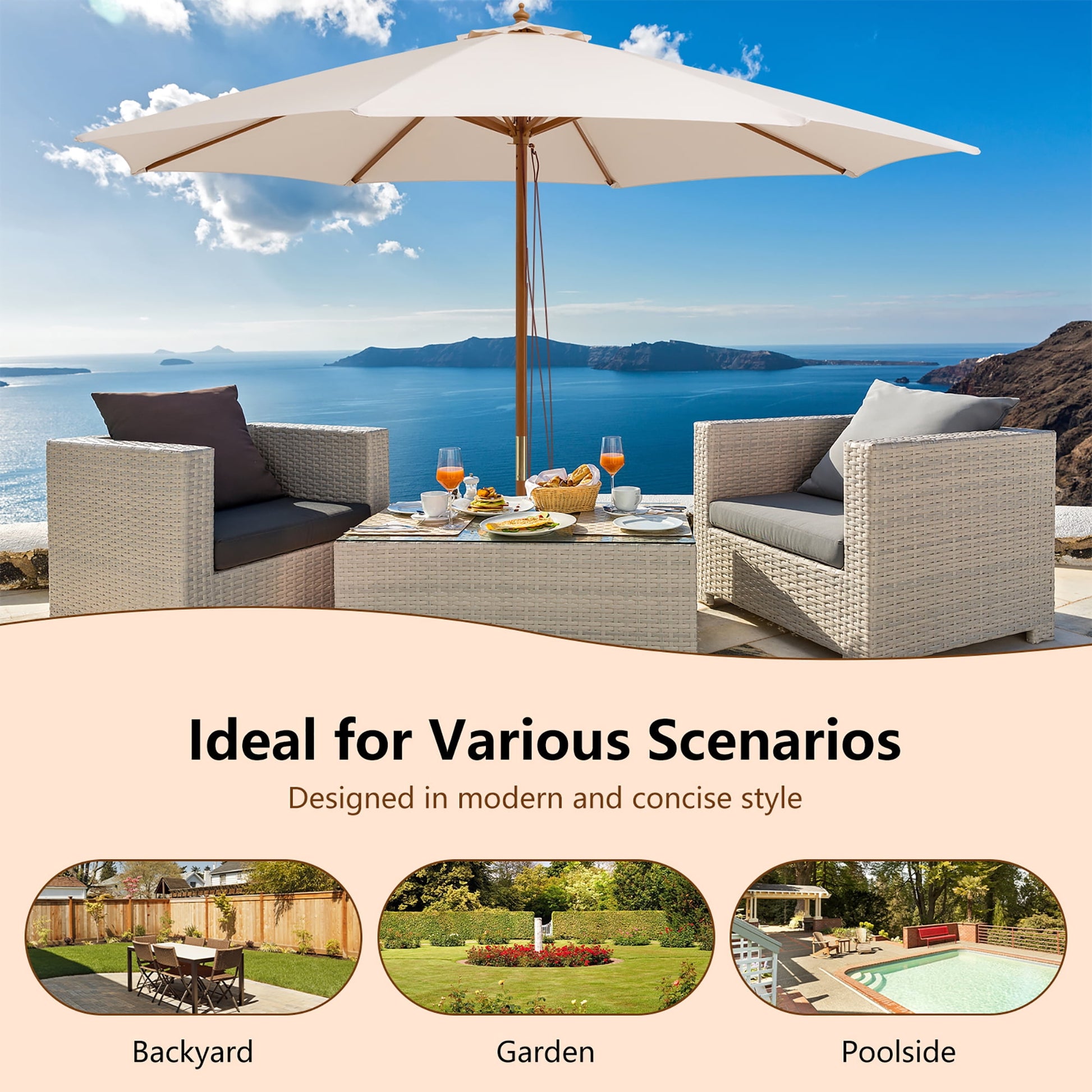 10FT Patio Wooden Market Table Umbrella Pulley w/8 Bamboo Ribs Sunshade Canopy Beige