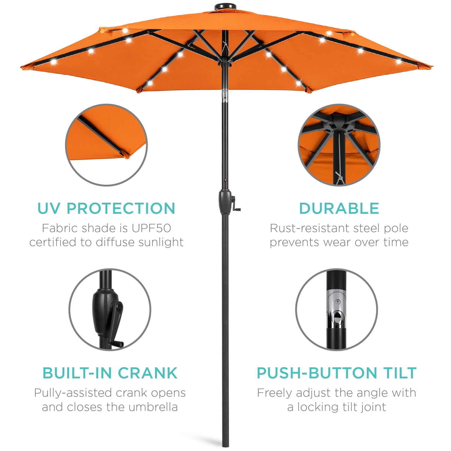 Best Choice Products 7.5ft Outdoor Solar Patio Umbrella for Deck, Pool w/ Tilt, Crank, LED Lights - Orange