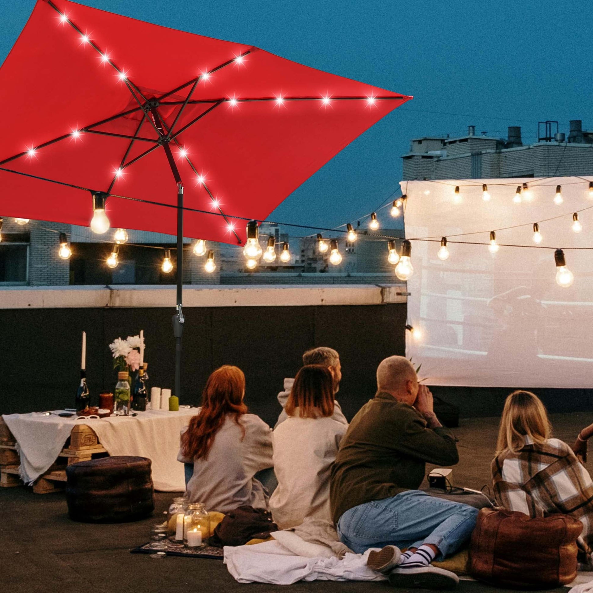 Yescom 10x6.5FT Rectangle Outdoor Solar LED Patio Umbrella with Crank Tilt for Table Market Yard Deck Pool Party Red
