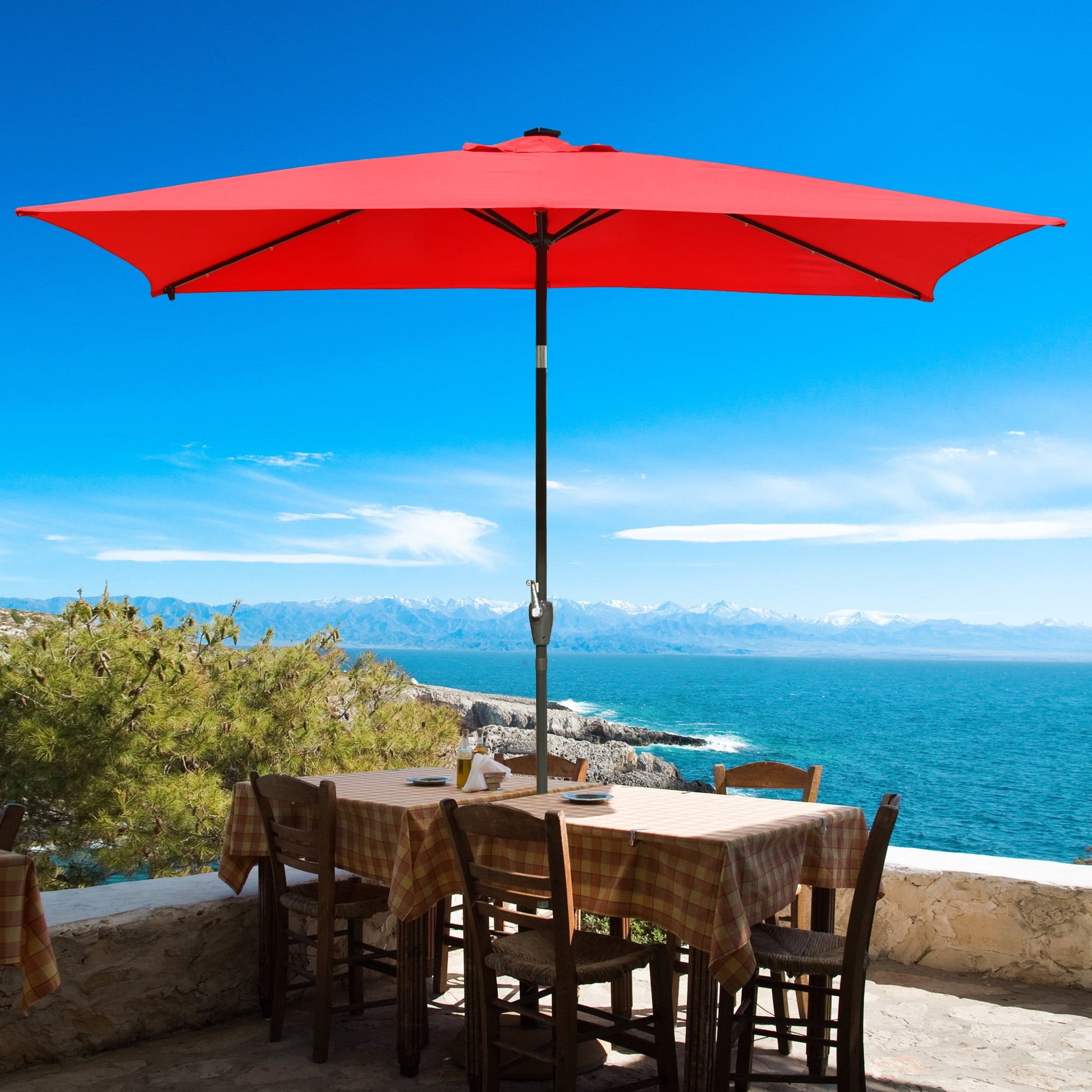 Yescom 10x6.5FT Rectangle Outdoor Solar LED Patio Umbrella with Crank Tilt for Table Market Yard Deck Pool Party Red