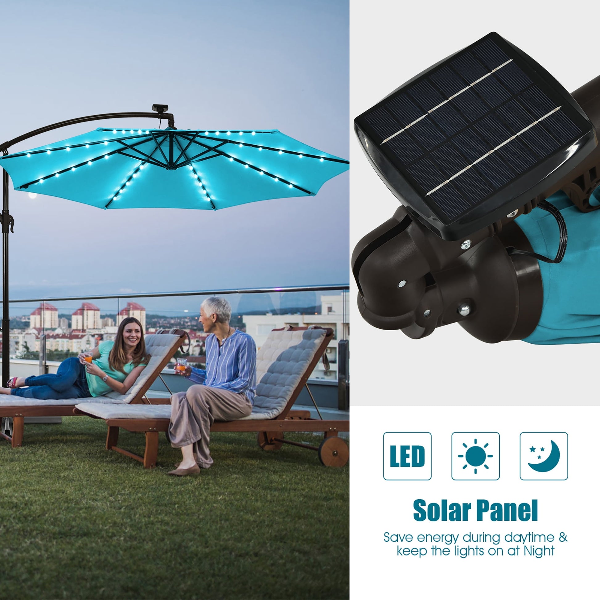 Costway 10 Ft Patio Solar LED Offset Umbrella 40 Lights Crank Base Turquoise