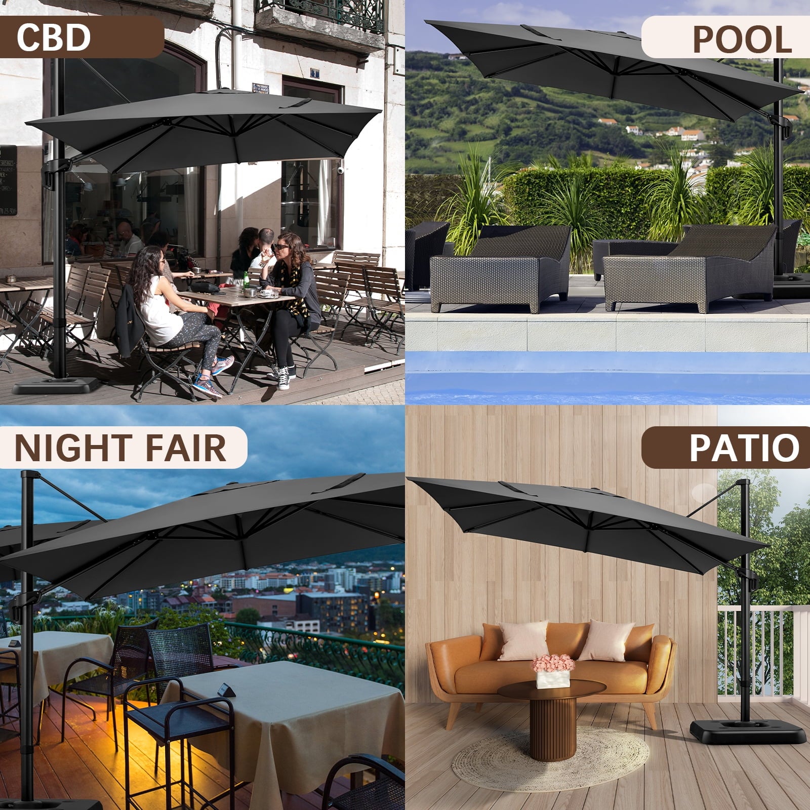 HOTEEL 10 Ft Patio Umbrella Outdoor Cantilever Square Umbrella Aluminum Offset Umbrella with Base, 360° Rotation，Gray