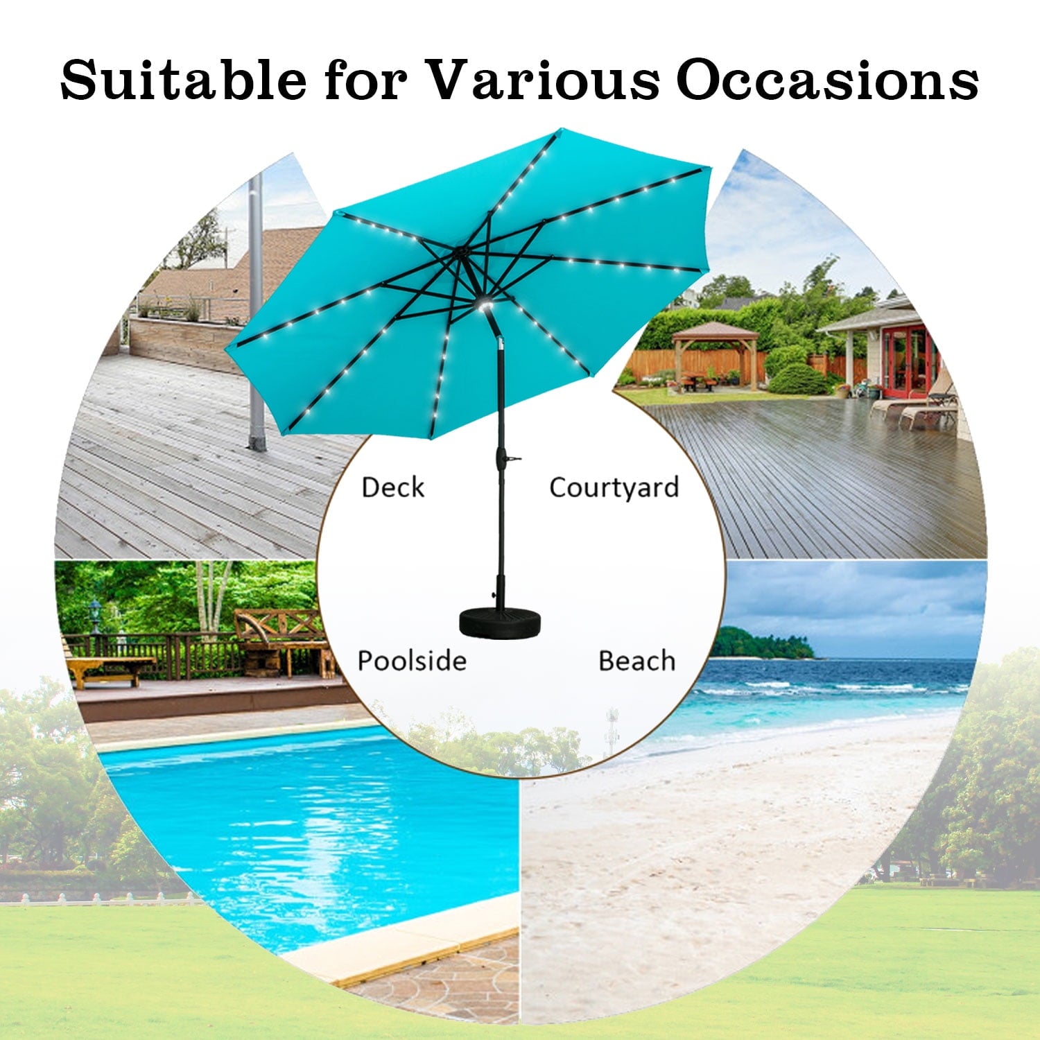 Ainfox 10ft Patio Umbrella Outdoor Solar Powered with 40 LED Lights,One Center Light and 8 Sturdy Ribs Without Base(Bule)