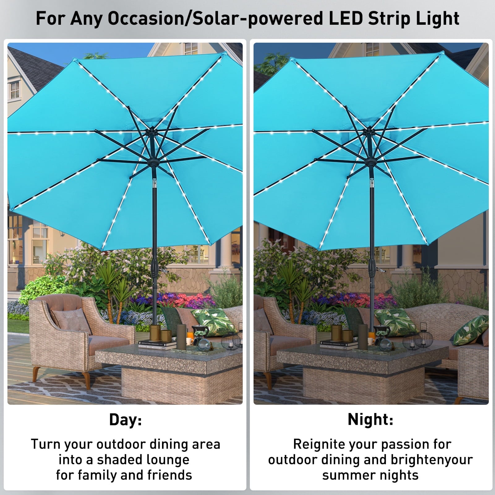 Autlaycil 10' Solar Patio Umbrella 64 LED Lighted, Strip Lights Outdoor Market Table Umbrella with Push Button Tilt and Crank, Sturdy Pole, Easy to Set (Blue)