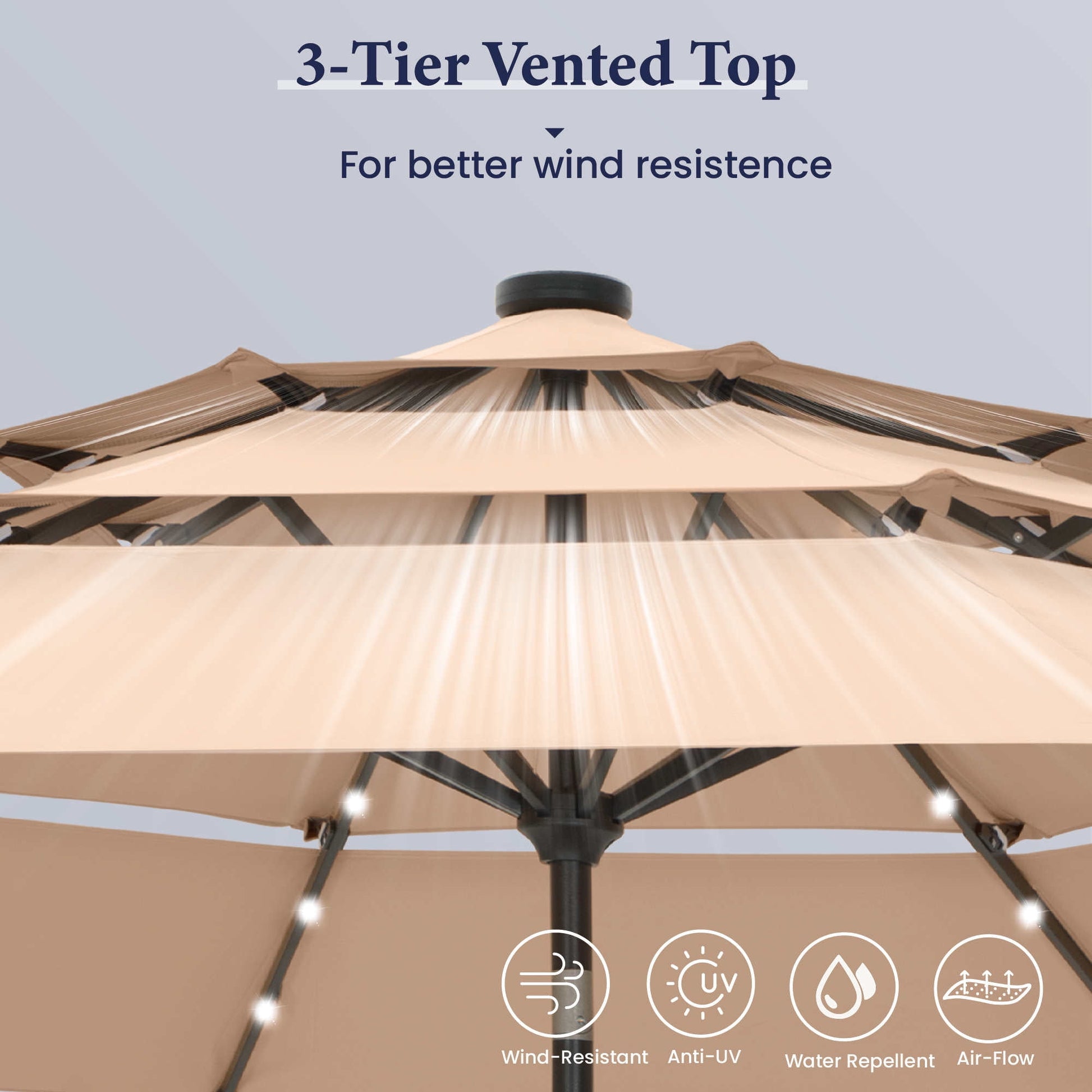 Summit Living 10ft Patio Umbrella with Solar Lights 3-Tier Vented Outdoor Market Umbrella with Auto-Tilt – Beige