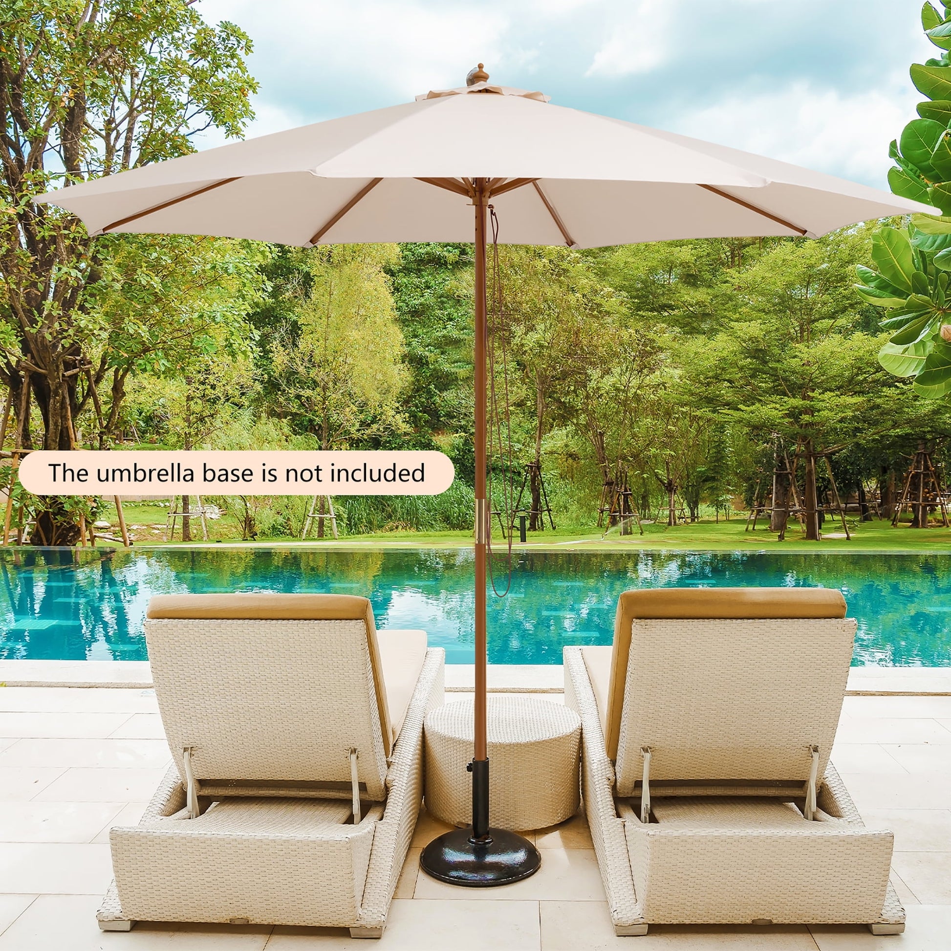10FT Patio Wooden Market Table Umbrella Pulley w/8 Bamboo Ribs Sunshade Canopy Beige