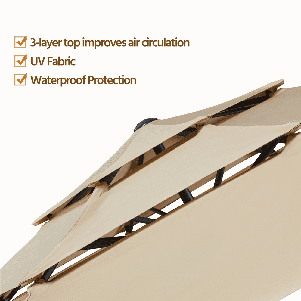 Topeakmart 10ft 3 Tier Patio Umbrella Outdoor Vented Table Umbrella with 8 Sturdy Ribs, Tan