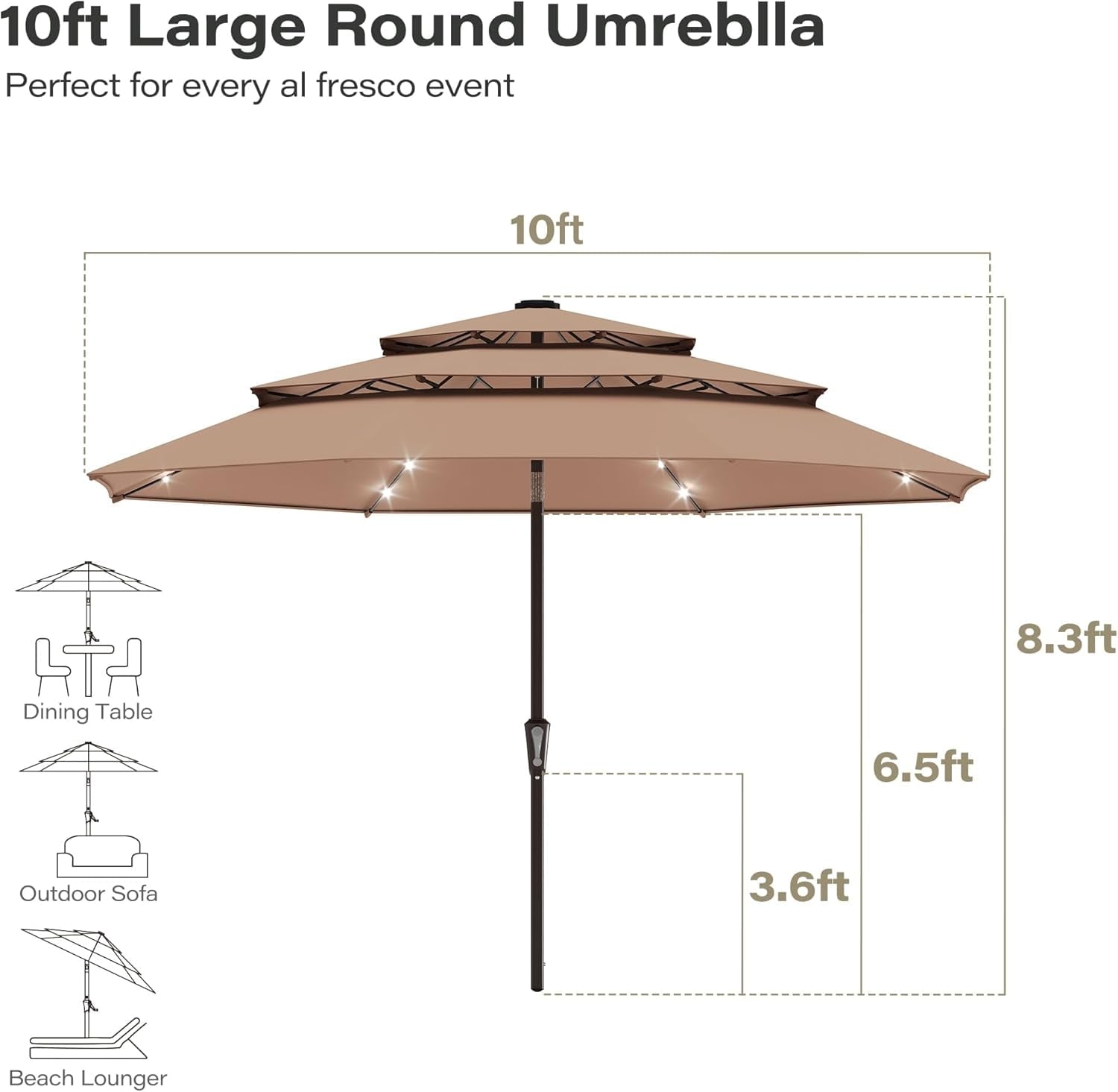 LAUSAINT HOME 10ft Patio Umbrella with Solar Lights, 3-tier Outdoor Umbrellas for Patio Pool Deck Market, Beige