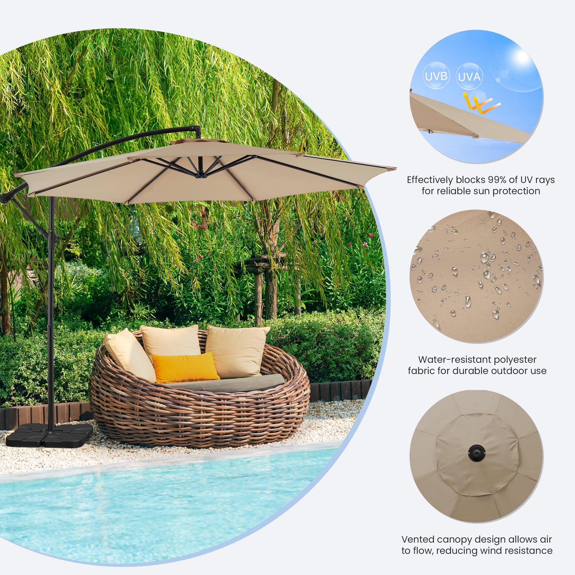 edx 10FT Offset Hanging Patio Umbrella Outdoor with Push Button Tilt & Self-Locking, Polyester Shade, 8 Sturdy Ribs, Khaki