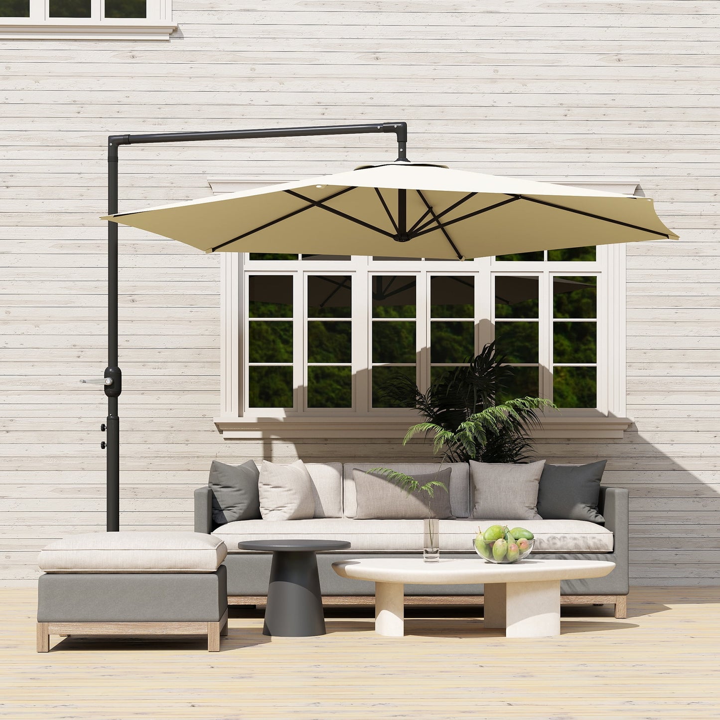 Outsunny 9.5FT Cantilever Patio Umbrella with Crank, Cross Base and Air Vent, Round Hanging Offset Umbrella for Pool, Backyard, Deck, Garden, Beige