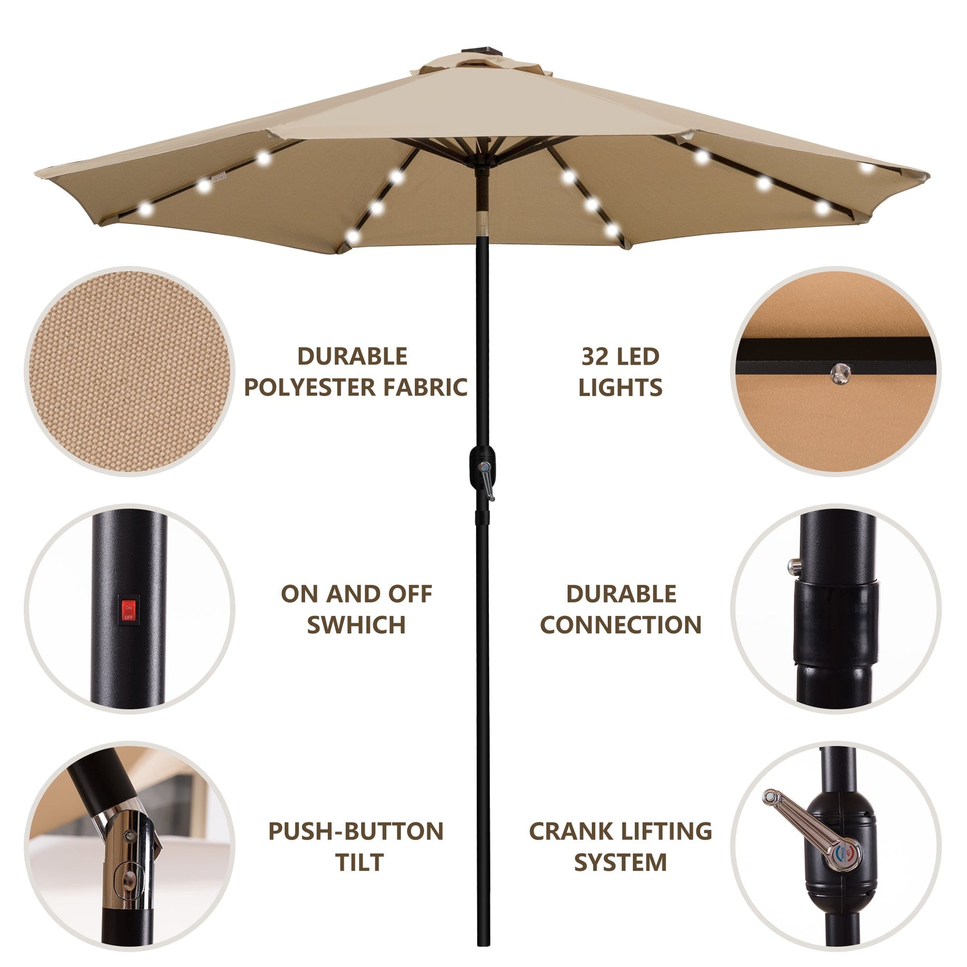 Sun-Ray 9 FT 32 LED Patio Solar Umbrella w/ Push Button Tilt and Crank Outdoor Umbrella Taupe