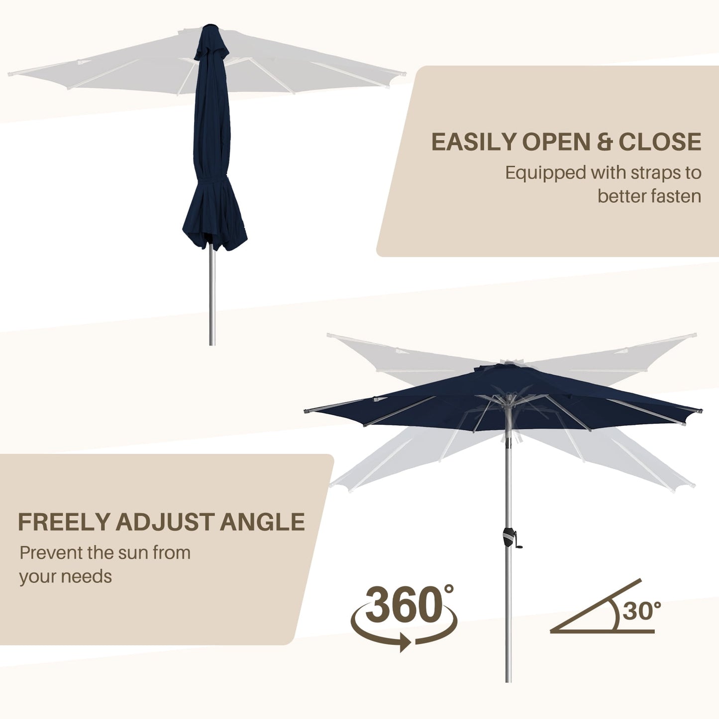 Patio Umbrella, 9 FT Outdoor Umbrellas Waterproof for Pool Table Deck Porch Yard Garden, Market Umbrella with 8 Sturdy Ribs, Push Button Tilt and Crank