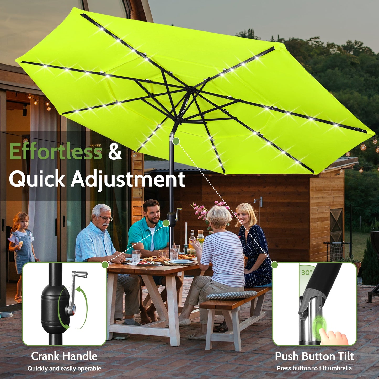 Scafild | 10ft Outdoor Patio Umbrellas with Solar Lights, 3 Tier Vented Large Market Table Umbrella with 8 Sturdy Ribs & 1.5" Pole UV Protection for Garden Deck Backyard Pool - Apply Green