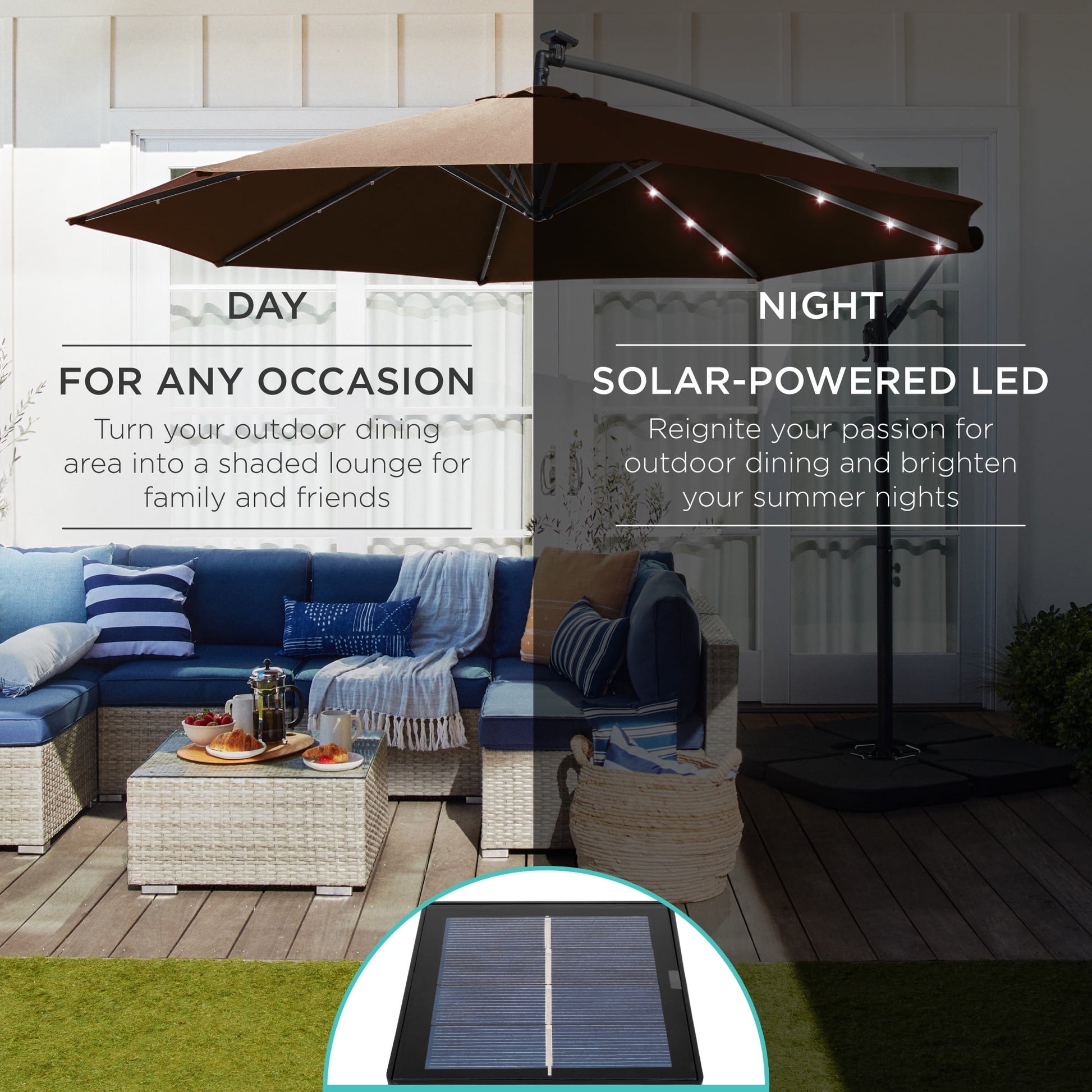 Best Choice Products 10ft Solar LED Offset Hanging Outdoor Market Patio Umbrella w/ Adjustable Tilt - Brown