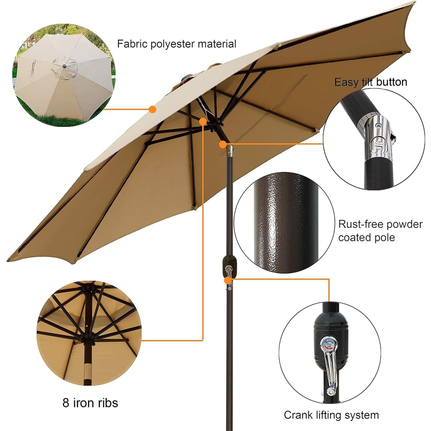 Blissun 9' Outdoor Patio Umbrella, Outdoor Table Umbrella, Yard Umbrella, Market Umbrella with 8 Sturdy Ribs, Push Button Tilt and Crank (Tan) C80
