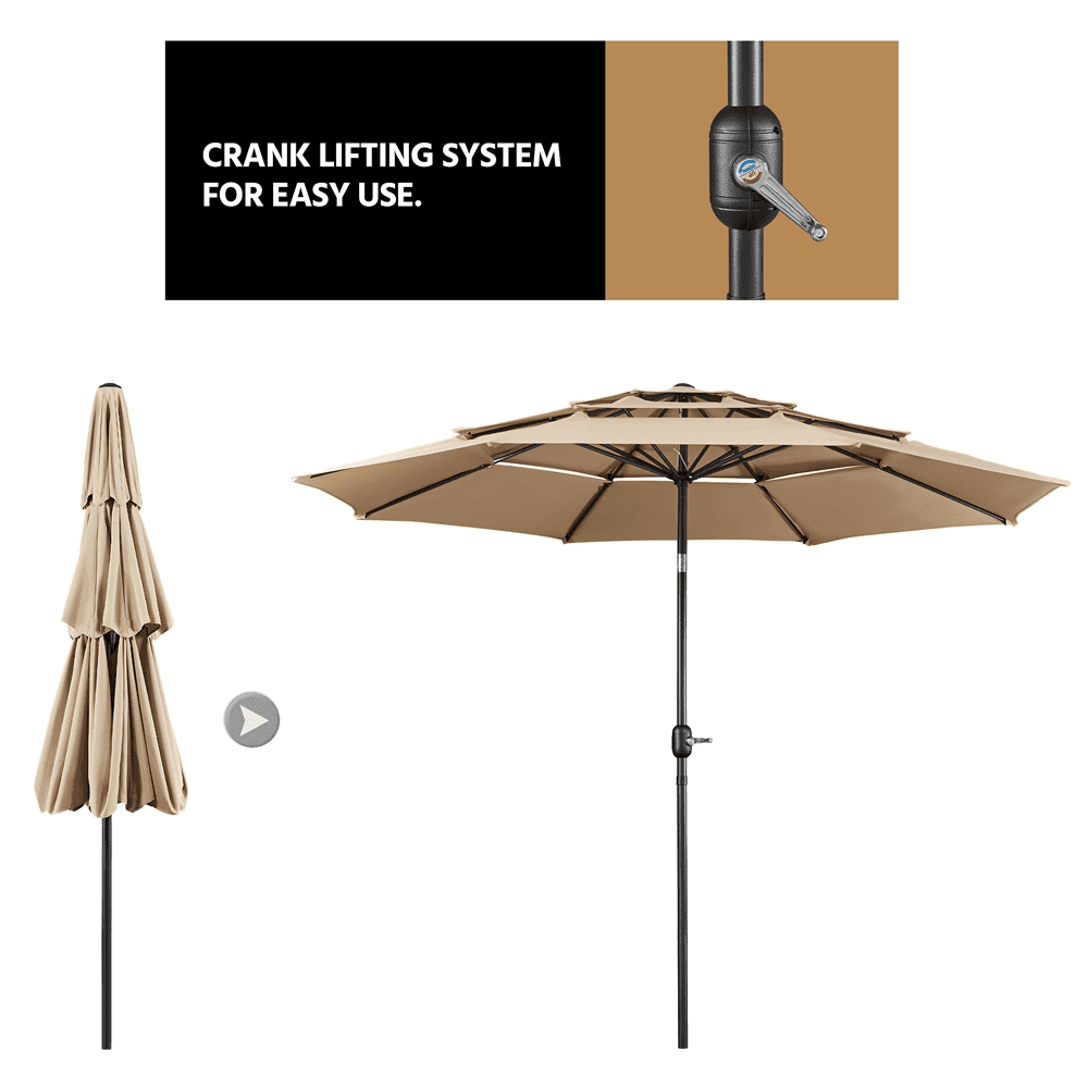 Topeakmart 10ft 3 Tier Patio Umbrella Outdoor Vented Table Umbrella with 8 Sturdy Ribs, Tan
