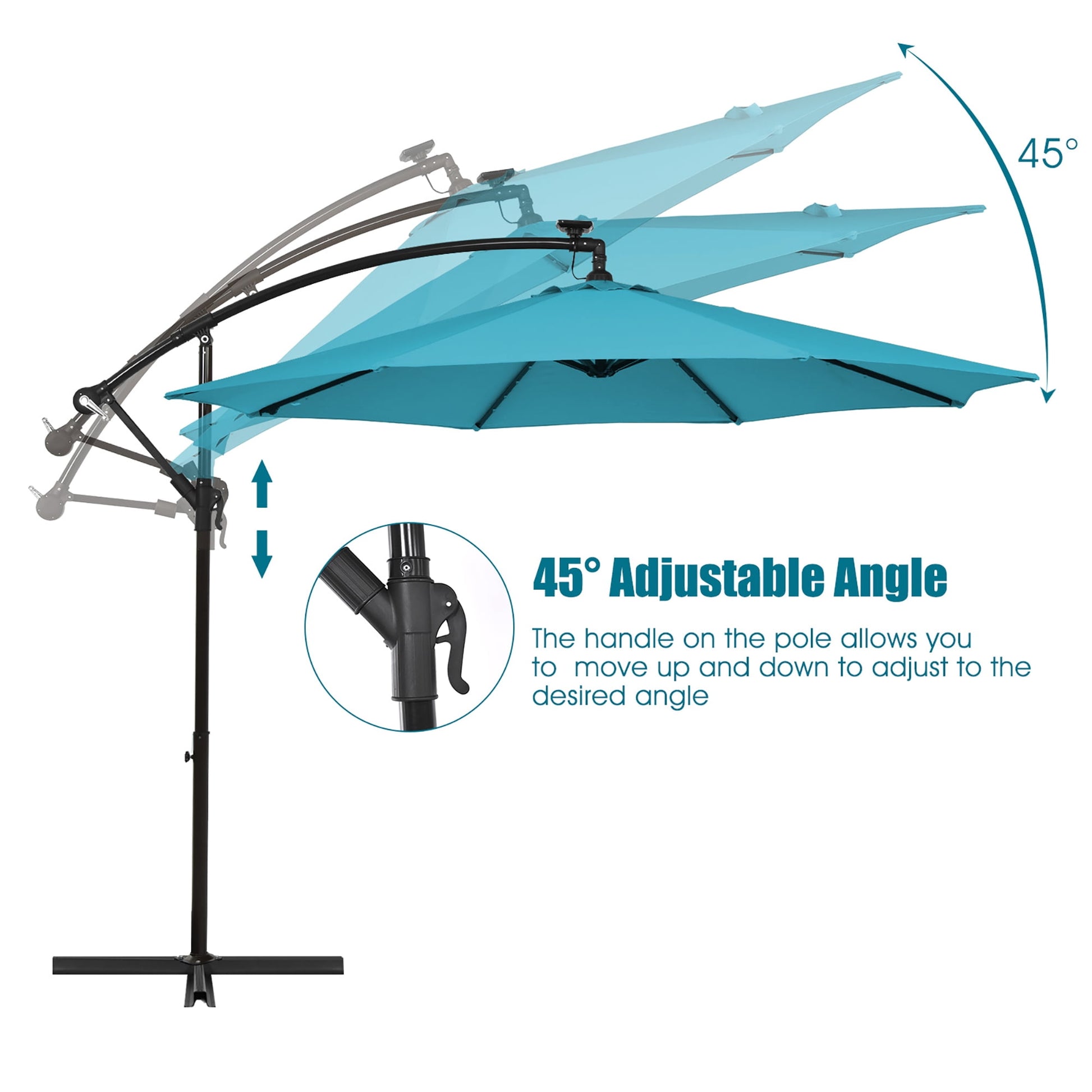 Costway 10 Ft Patio Solar LED Offset Umbrella 40 Lights Crank Base Turquoise