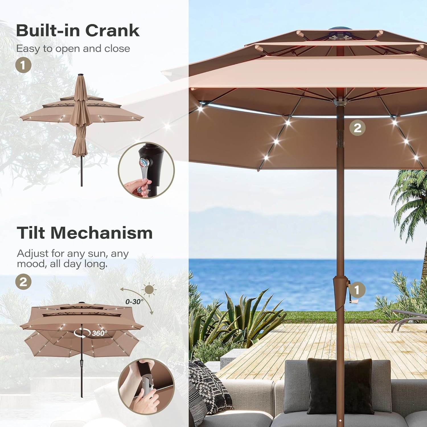 LAUSAINT HOME 10ft Patio Umbrella with Solar Lights, 3-tier Outdoor Umbrellas for Patio Pool Deck Market, Beige