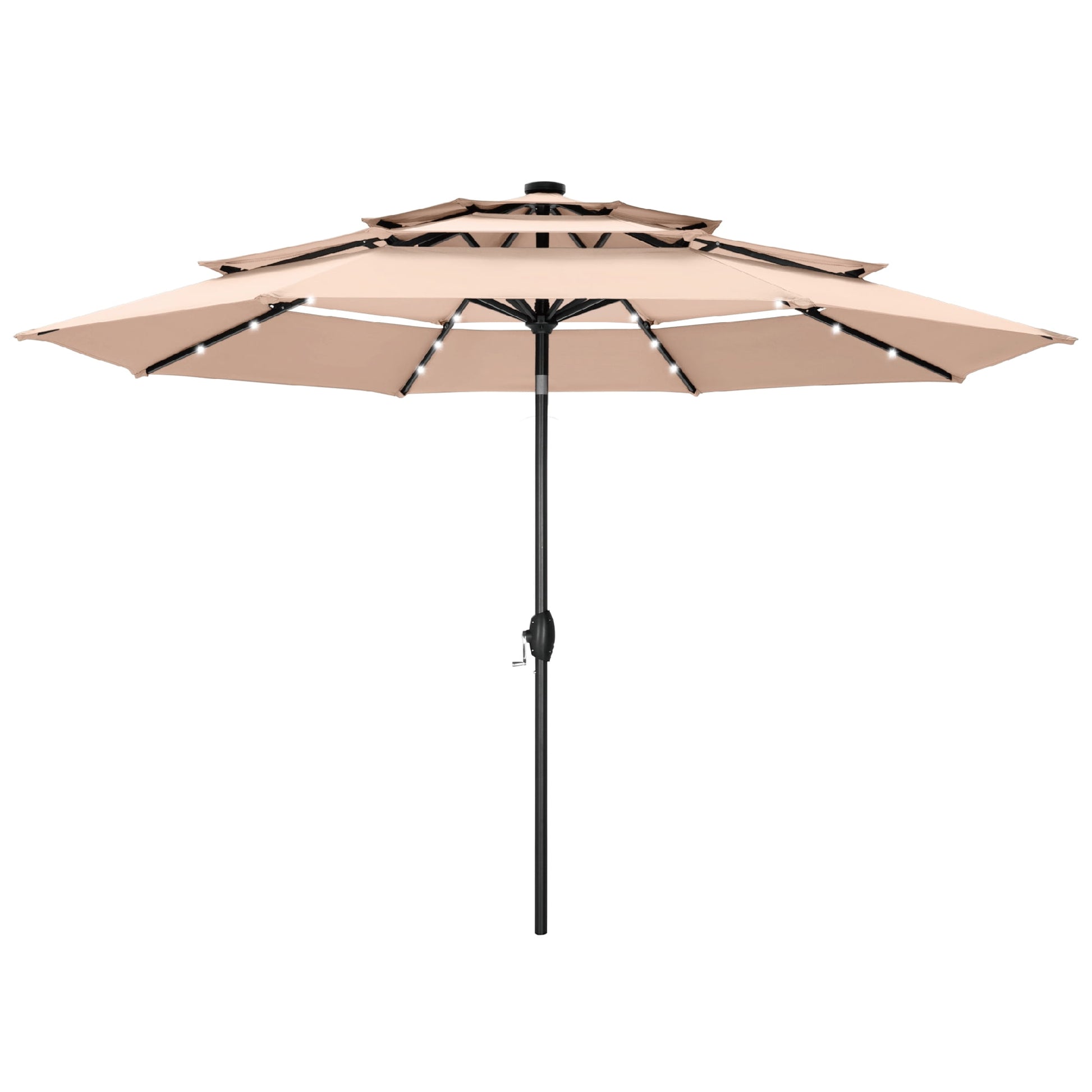 Summit Living 10ft Patio Umbrella with Solar Lights 3-Tier Vented Outdoor Market Umbrella with Auto-Tilt – Beige