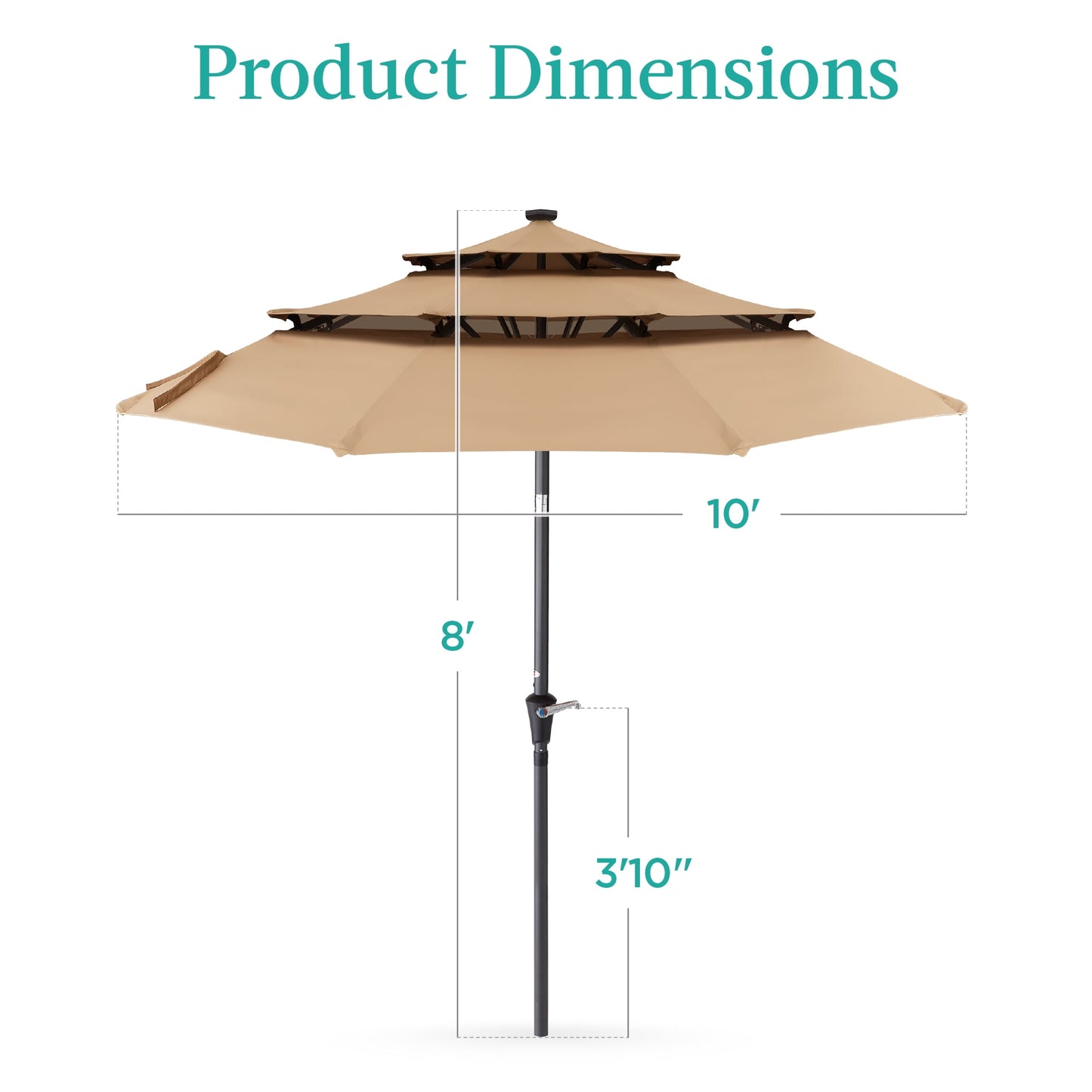 Best Choice Products 10ft 3-Tier Solar Patio Umbrella w/ 24 LED Lights, Tilt Adjustment, Easy Crank - Tan