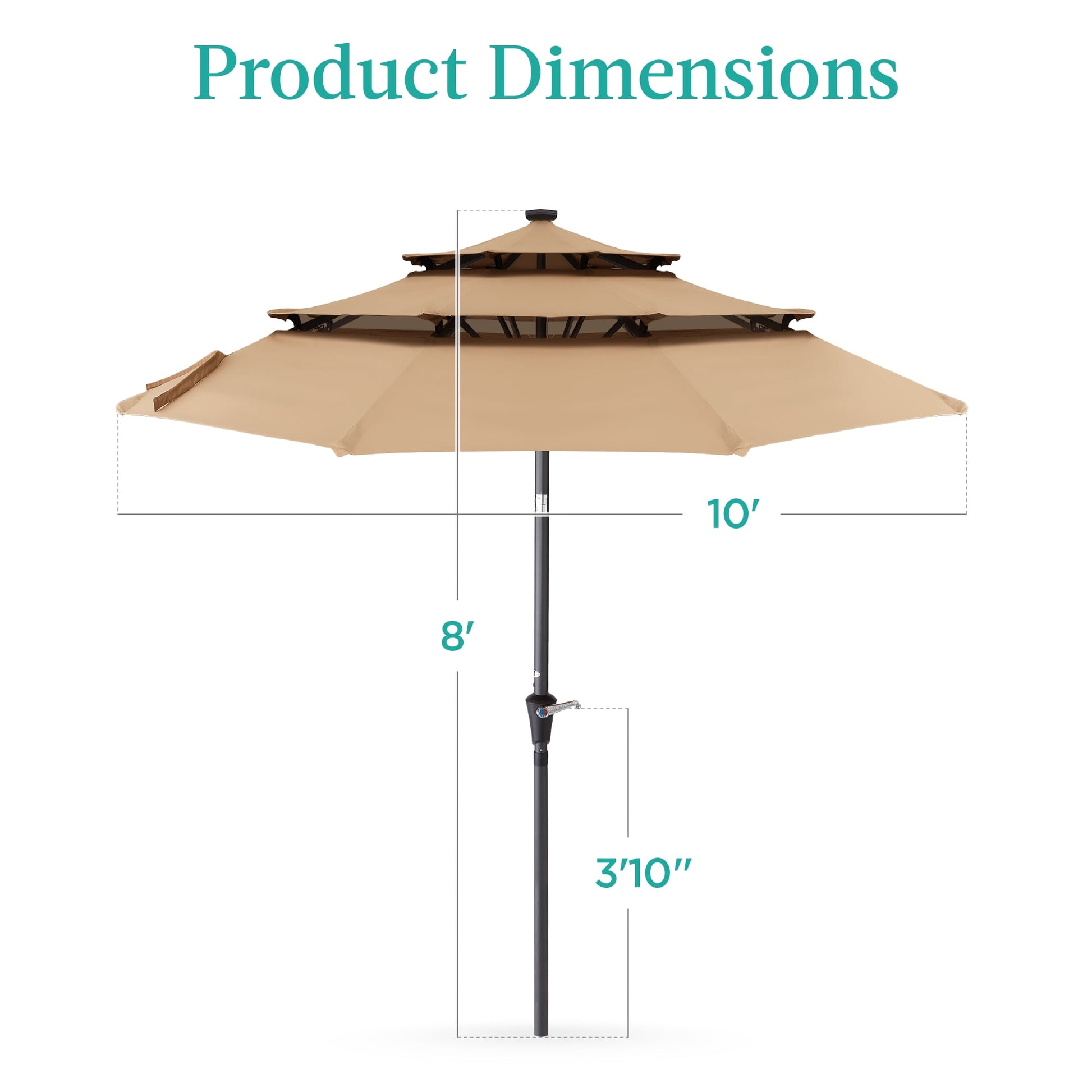Best Choice Products 10ft 3-Tier Solar Patio Umbrella w/ 24 LED Lights, Tilt Adjustment, Easy Crank - Tan