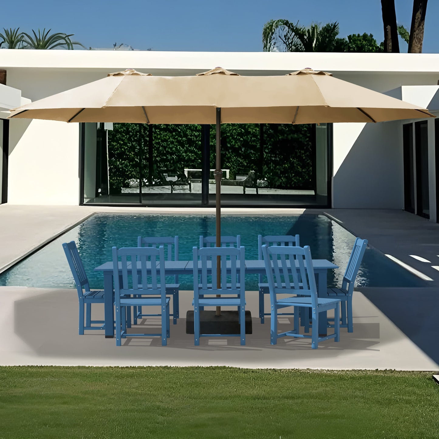 Greforg 15FT Triple Outdoor Patio Umbrella with Base Included & Vented Canopy, Waterproof & UV Protection, Ideal for Garden, Deck, Poolside, and Restaurant Beige