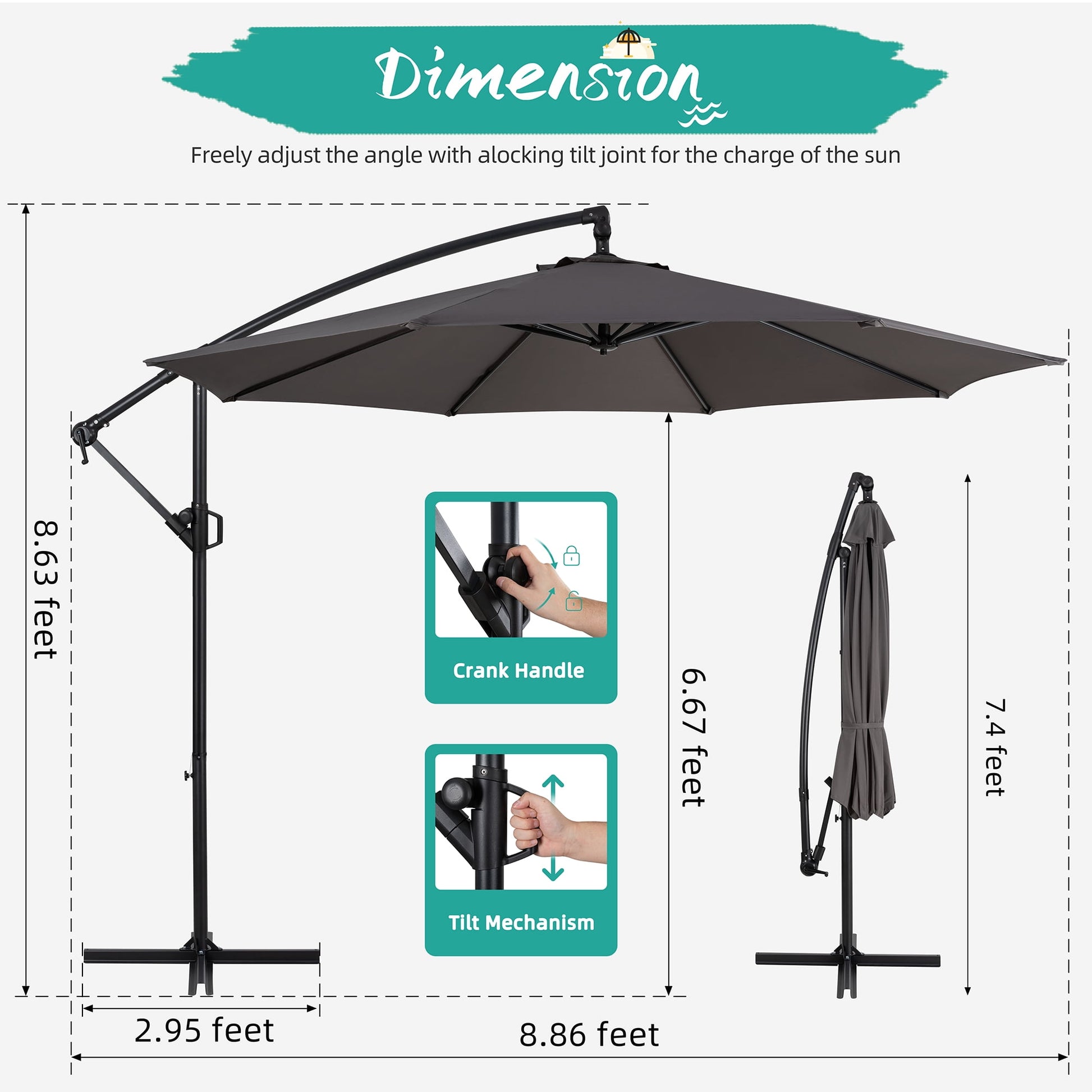 Walsunny 9FT Outdoor Hanging Offset Cantilever Umbrella with Cross Base, Patio Market Umbrella with Crank for Backyard Deck Poolside, Dark Blue