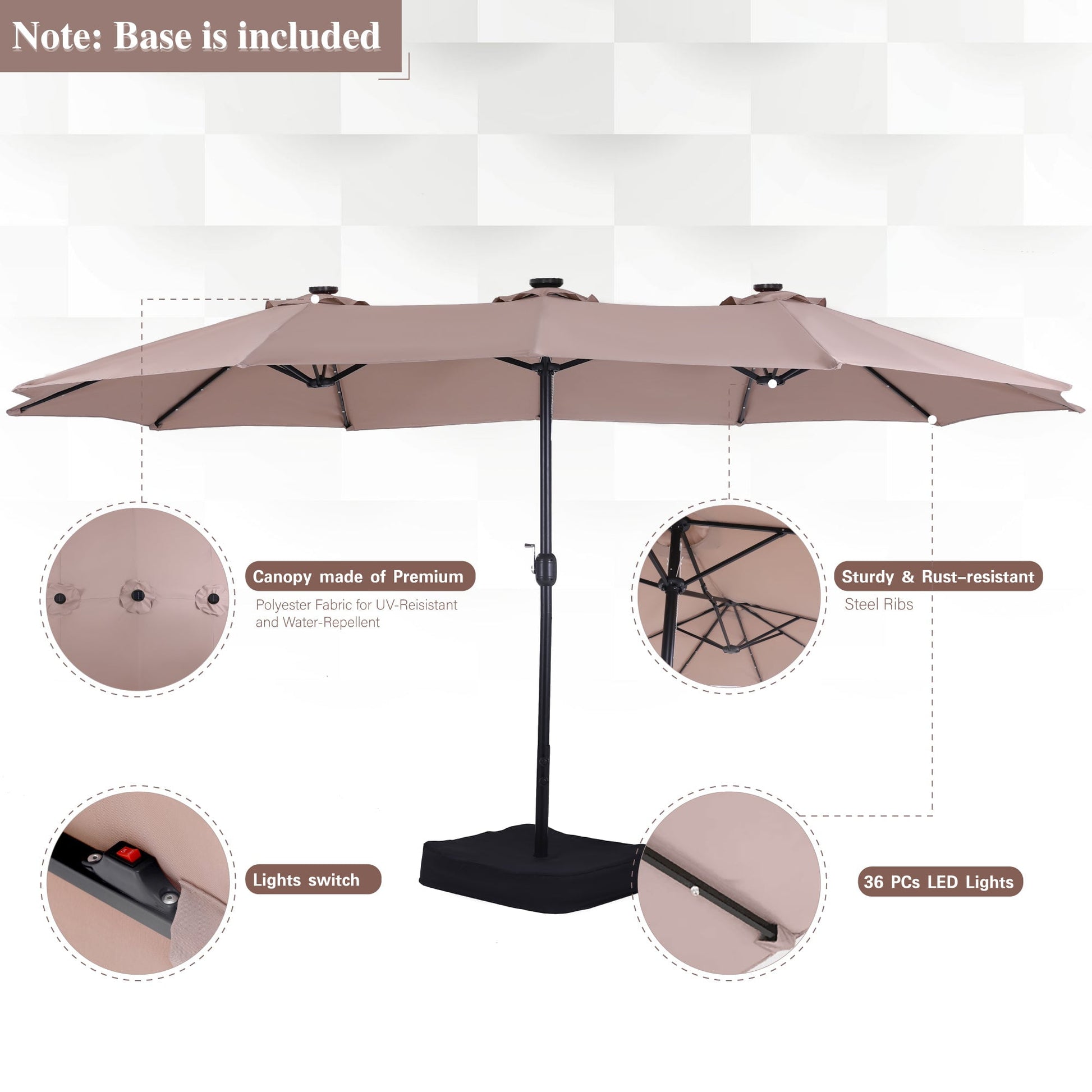 Alpha Joy 15ft Extra Large Outdoor Patio Double-Sided Umbrella with LED Solar Lights & Umbrella Base, Beige