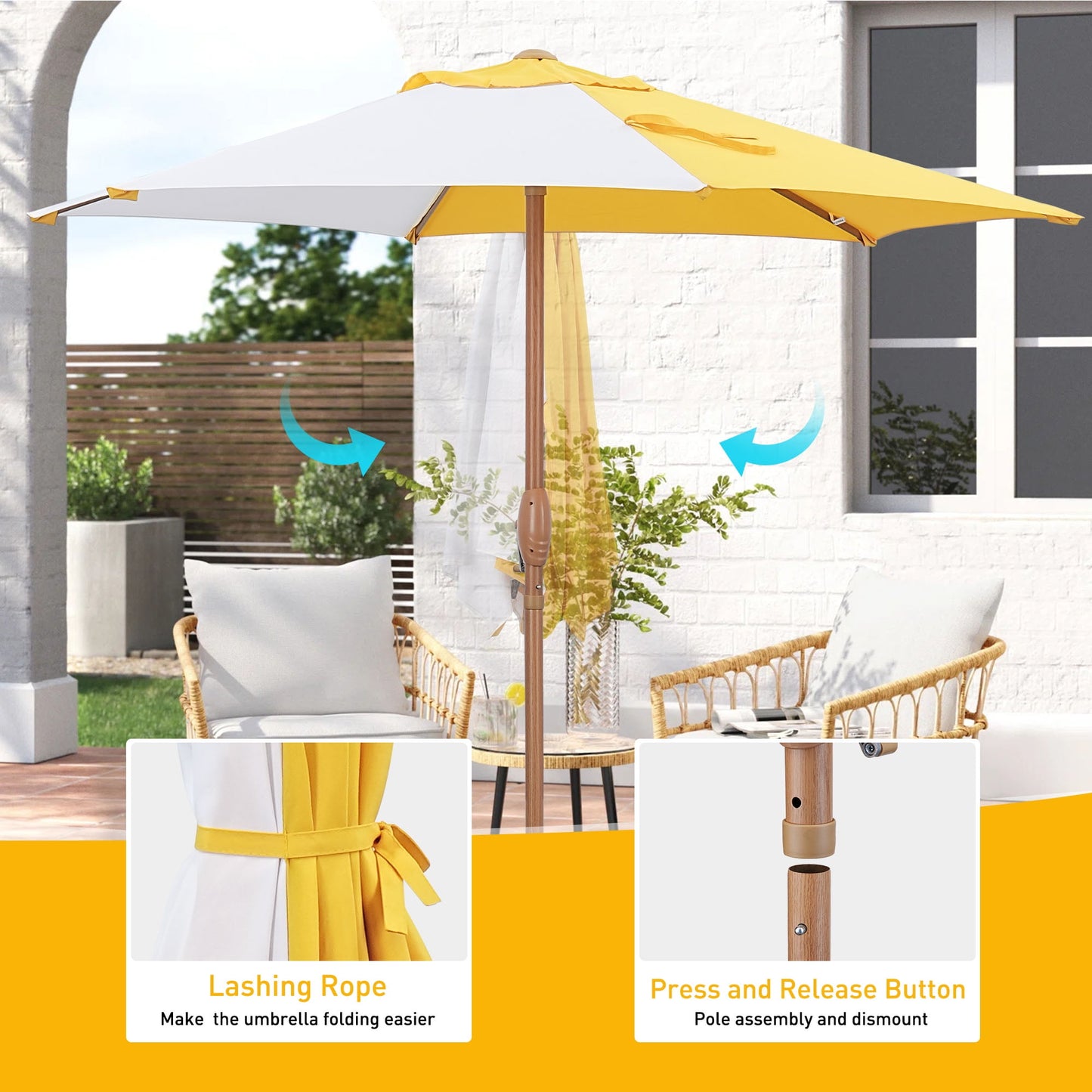 Autlaycil 7.5ft Patio Umbrella, Sun Shelter UV 50+ Plus Protection Beach Umbrellas Sunshade for Market, Patio, Pool, Garden Backyard (Yellow and White)