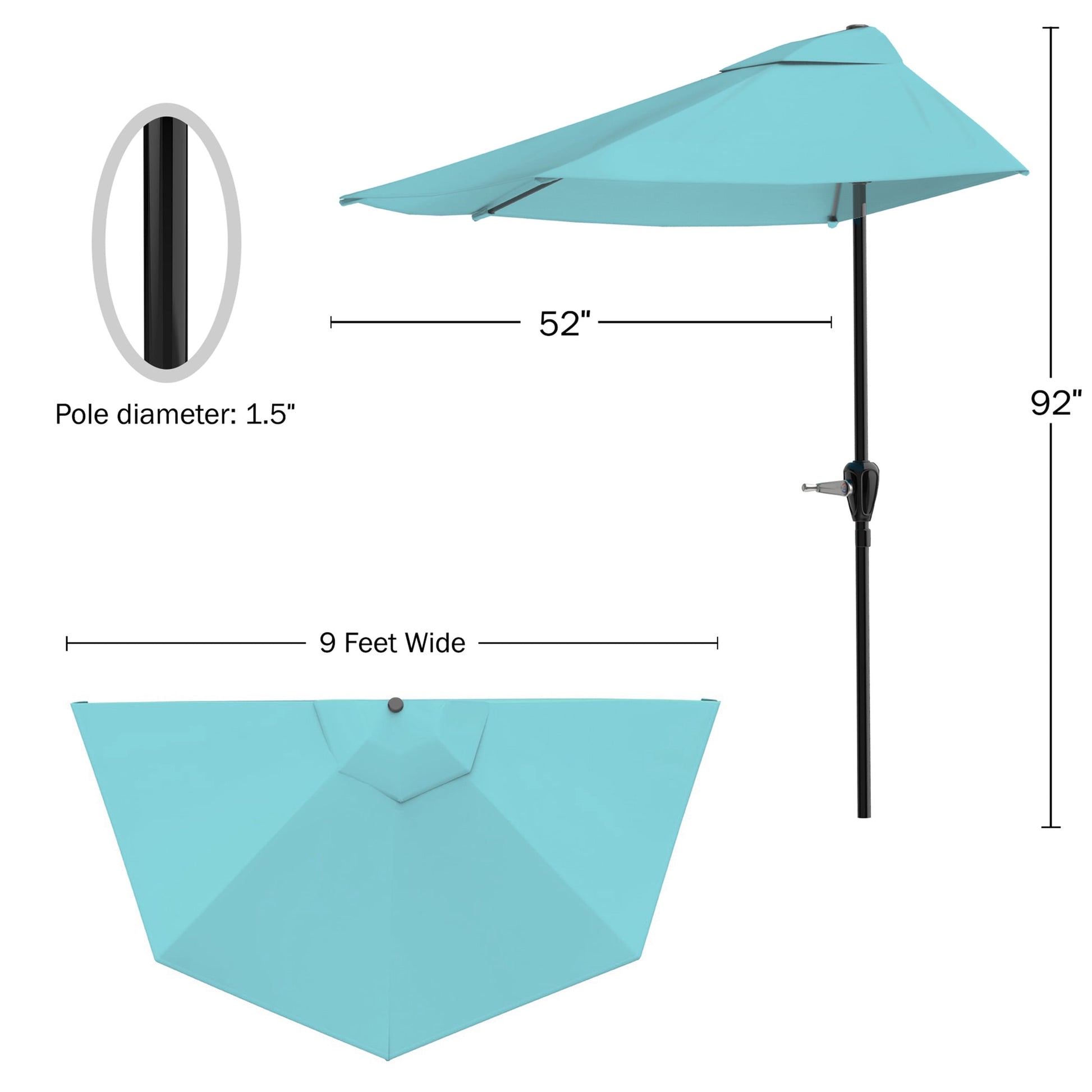 Pure Garden 9ft Half Patio Umbrella – Crank-Open Sun Shade for Balcony, Deck, or Porch, Blue