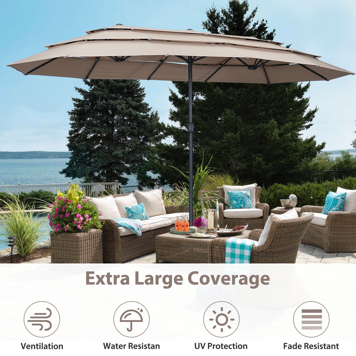 Autlaycil 15ft 3-Tiers Patio Umbrella with Airflow Smooth and Stable, Lock Bolt and Crank Rectangular umbrella for Deck Lawn Garden Yard, Beige