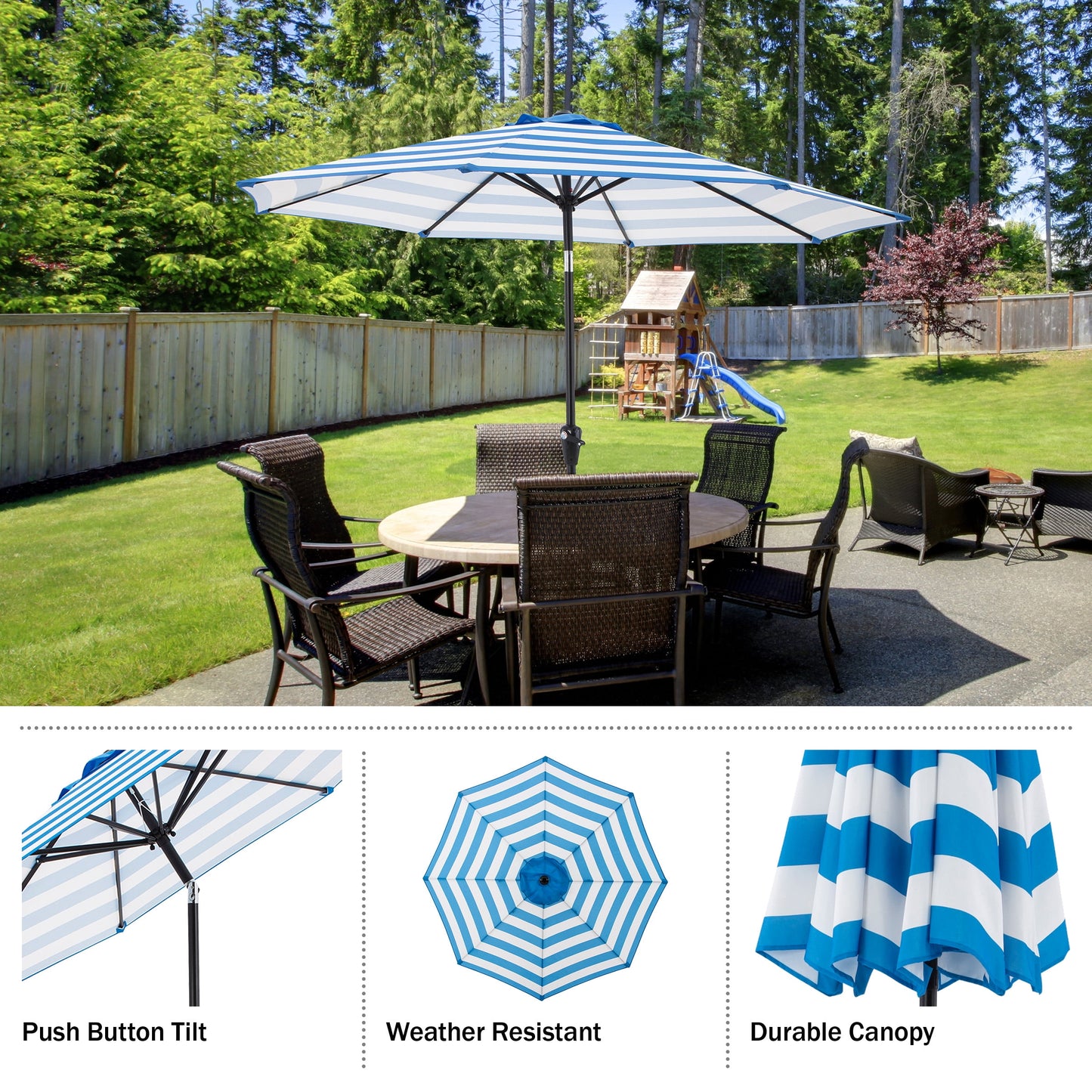 Pure Garden 9ft Striped Patio Umbrella with Crank and Tilt, Outdoor Sunshade for Table, Blue/White