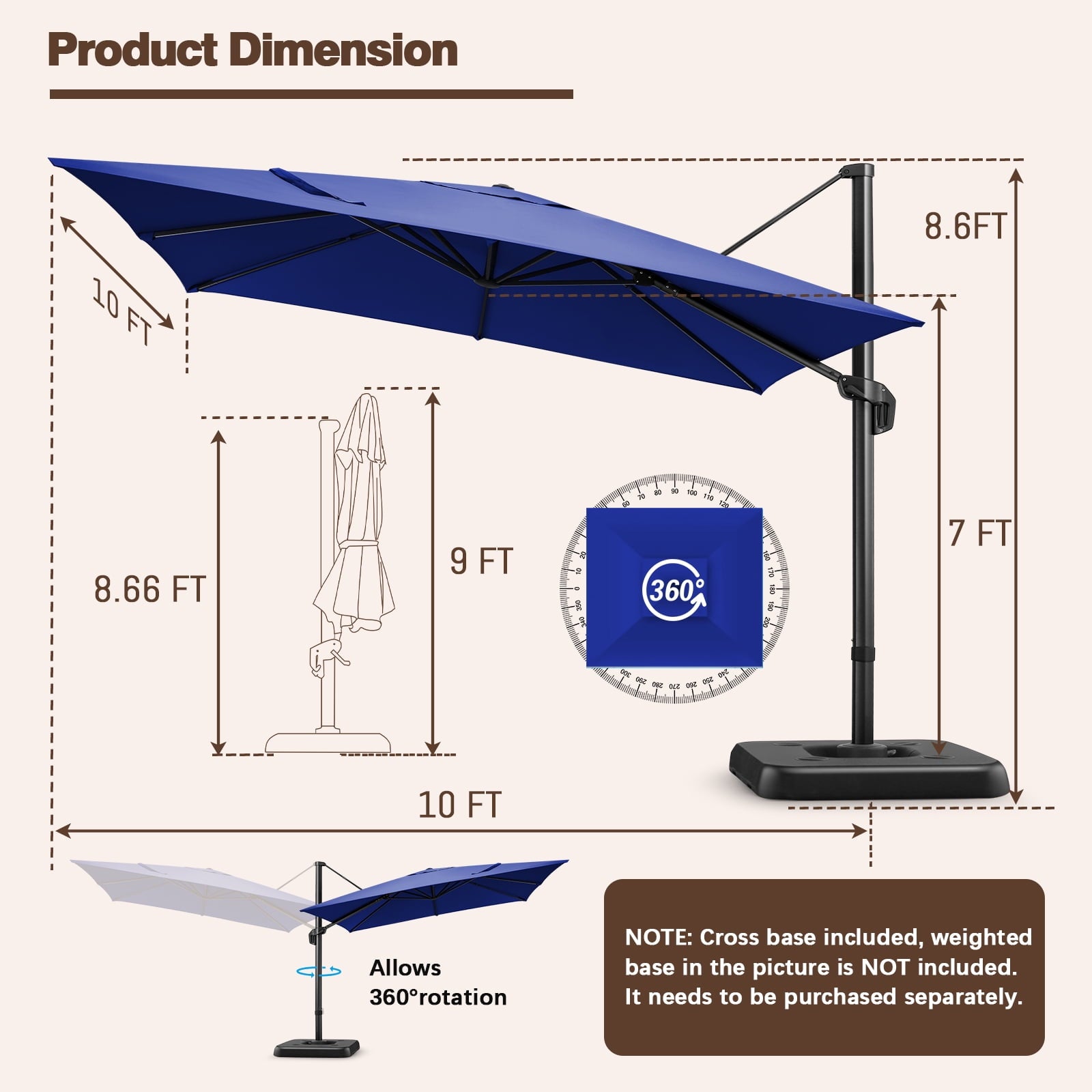 SANOPY 10x10 Cantilever Patio Umbrella Outdoor Patio Umbrella, 360 Degree Rotation Market Patio Umbrella with Steel Base, Crank, Tilt Button, Dark Blue
