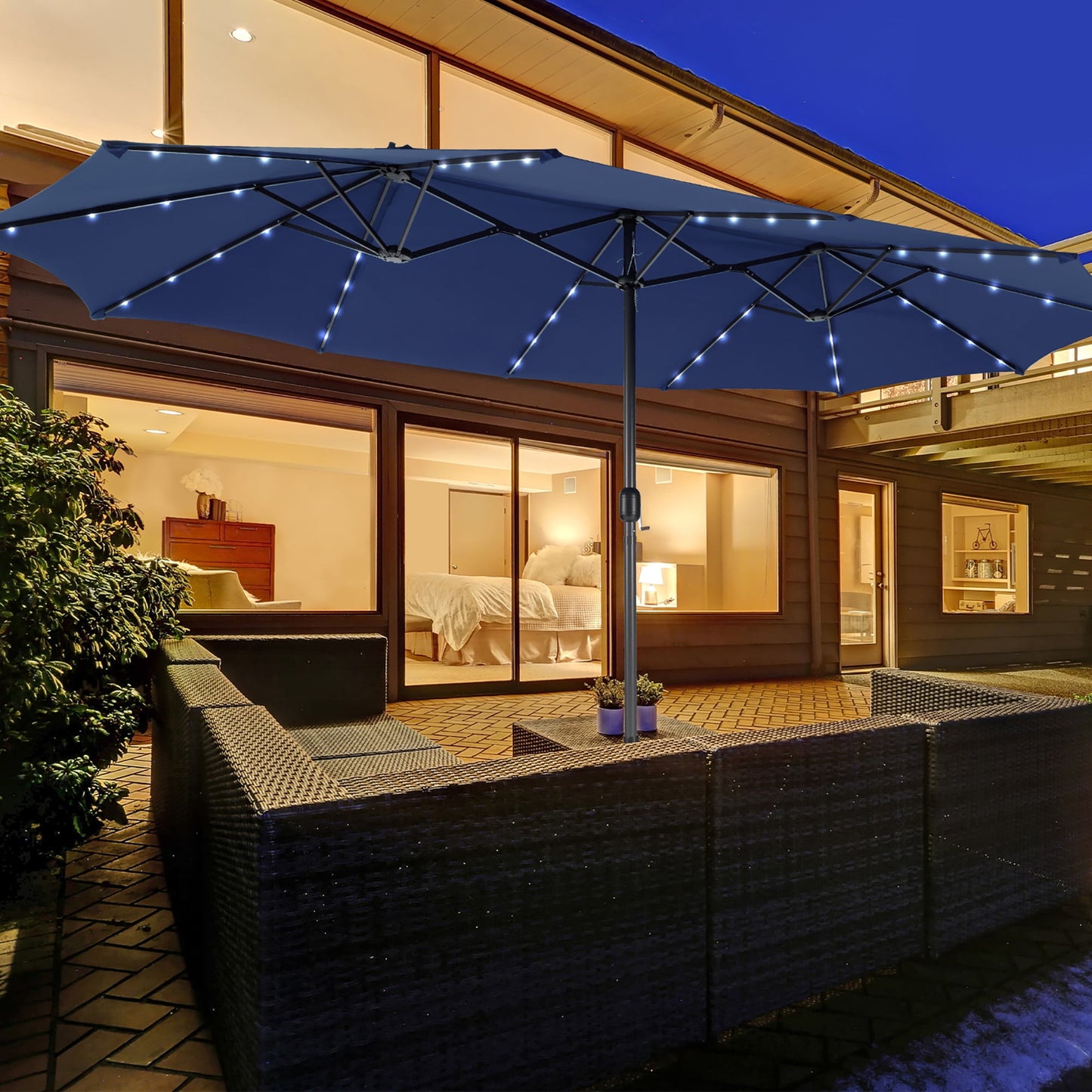 Gymax Outdoor 15' Double-Sided Patio Umbrella 48 Solar LED Lights Crank & Base Navy